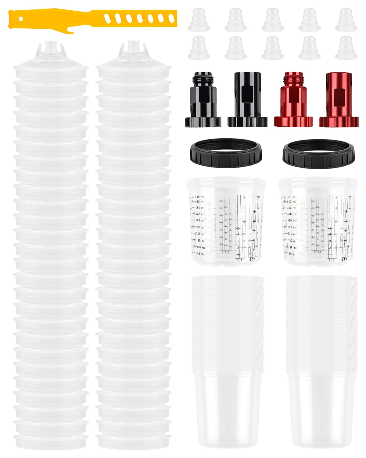 YUZES 20oz (600ml) Disposable Paint Mixing Cups System - 50 Pack Paint Cups with Lids, 2 Hard Cups with Retainer Ring, 10 Plugs, 4 Spray Gun Cup Adapters & Paint Stirrer - Automotive Paint Gun Accessories for Professional & DIY Painting Projects