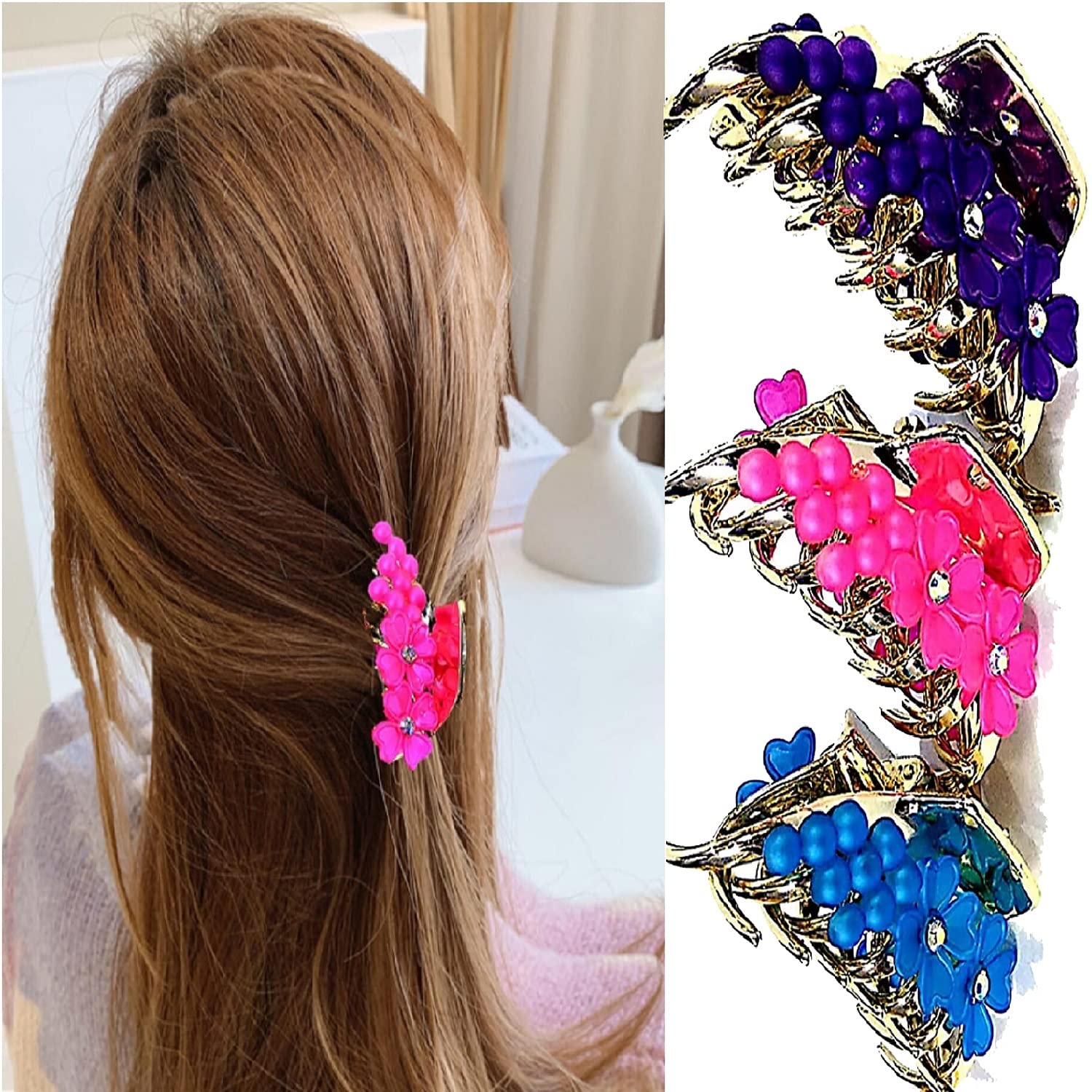 DEBINS 4 Pack Strong Hold Hair Claw Clips - Flower Design Hair Clamps for Women & Girls, Wedding & Party Hair Accessories (Black, Red, Blue, Dark Coffee) - Perfect for Updos, Ponytails & Everyday Styling