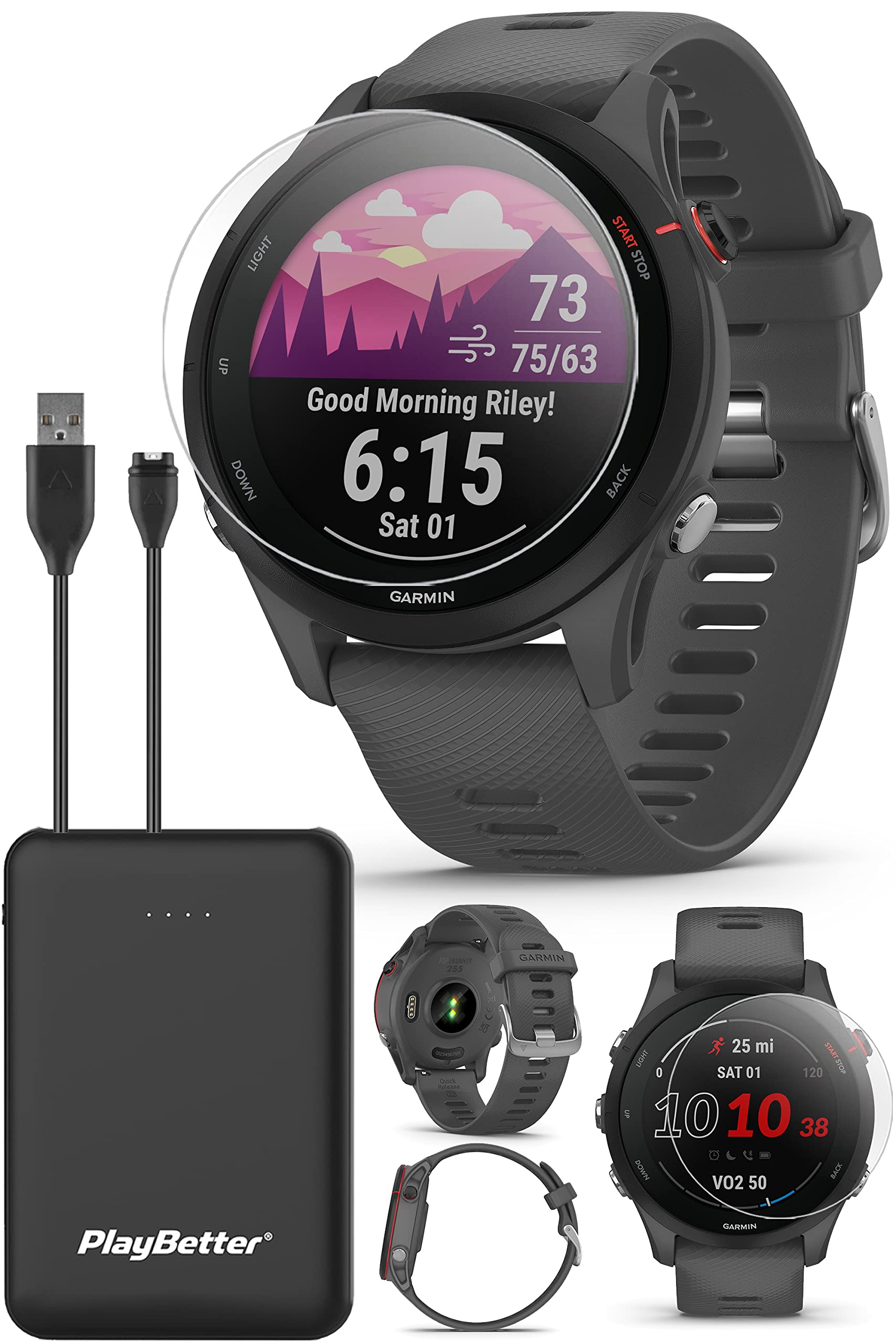 Garmin Forerunner 255 GPS Running Smartwatch (Slate Gray) - Advanced VO2 Max, Race Predictor, Heart Rate & Recovery Tracker - Perfect for Marathon Training, Outdoor Running & Fitness Tracking - Includes HD Screen Protectors & Portable Charger