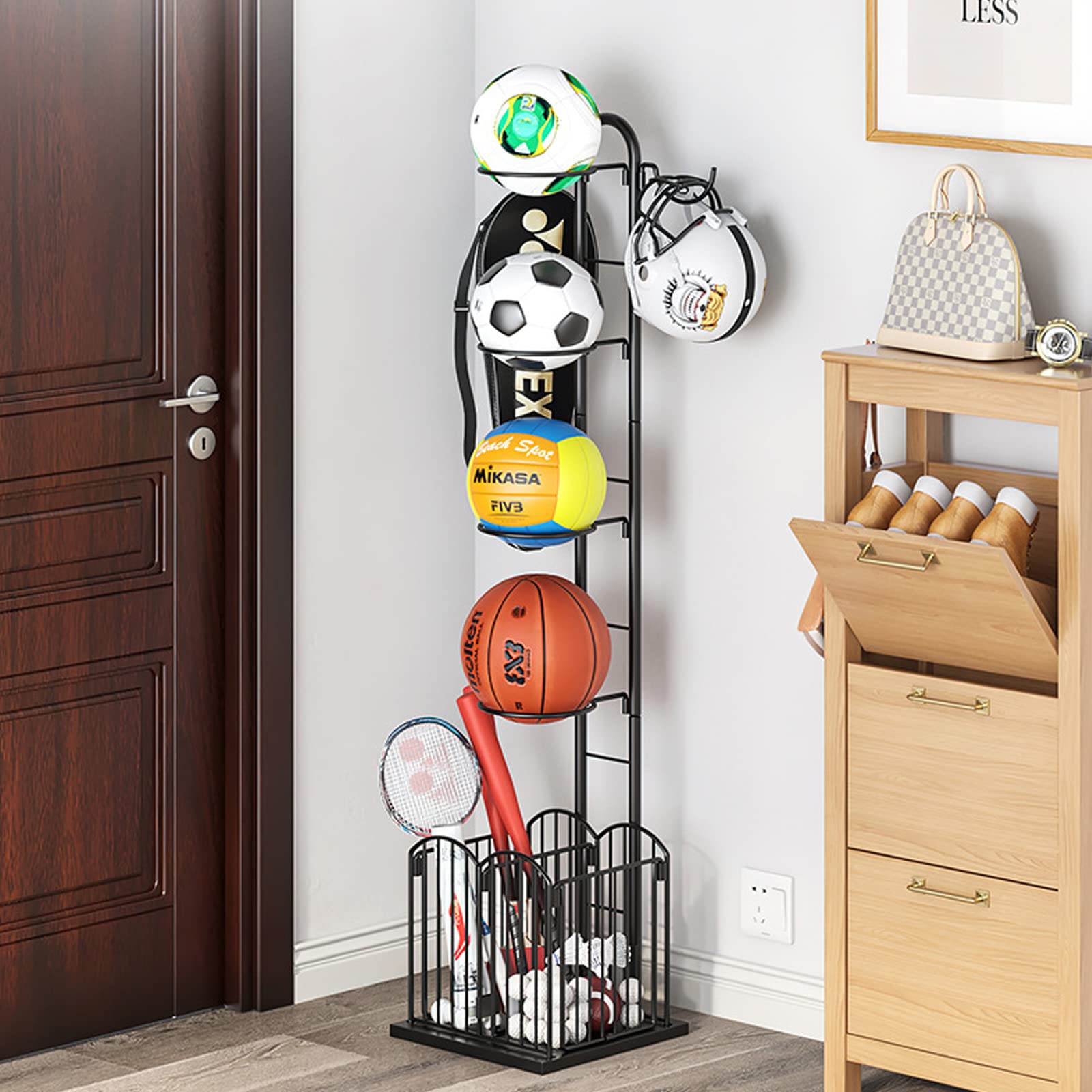 Eapmic Sports Ball Storage Rack - Heavy Duty Metal Basketball Football Soccer Volleyball Organizer Holder for Home, Garage, Gym, and Playroom - Perfect for Organizing Sports Equipment and Toys