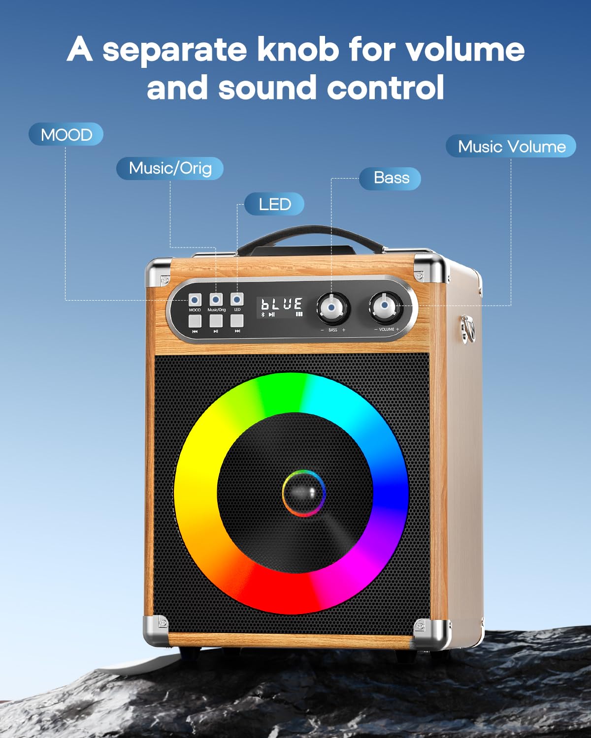 Portable Bluetooth Karaoke Machine with 2 Wireless Microphones - PA System with Bass/Echo Control, LED Lights, TF Card/USB/Aux Input for Home Parties, Indoor/Outdoor Gatherings & Birthday Celebrations (Wood-NT002)