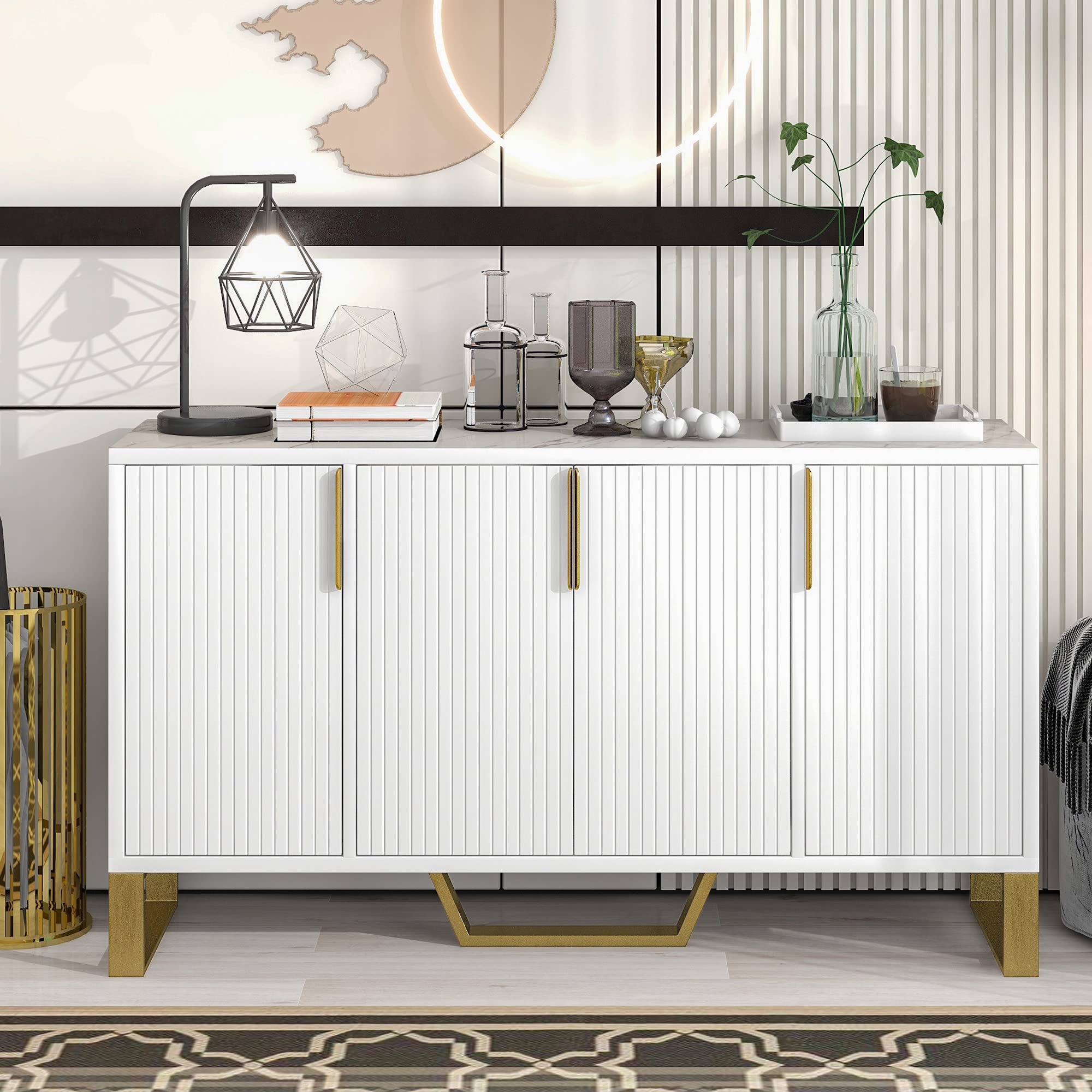 Luxury 4-Door Buffet Sideboard Cabinet with Adjustable Shelves - Freestanding Storage Furniture with Metal Handles & Legs for Dining Room, Living Room & Entryway - Perfect for Home Organization & Entertaining (White)