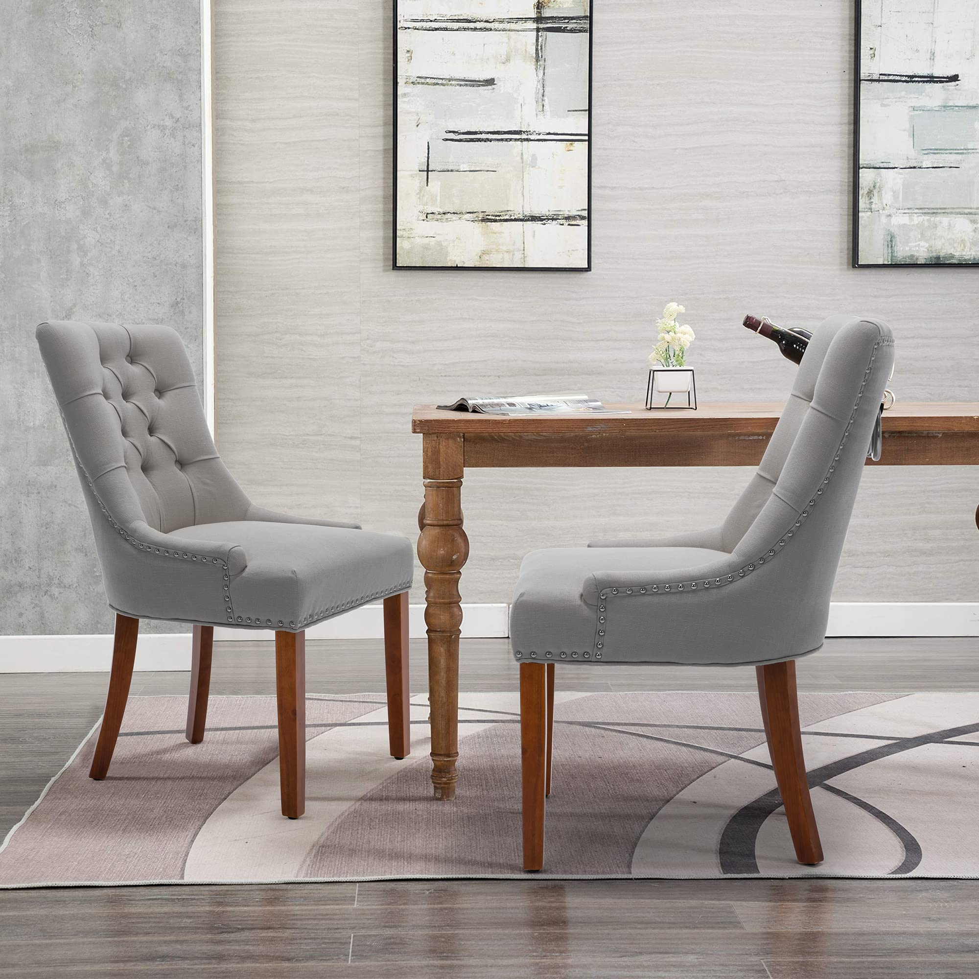 Set of 2 Modern Fabric Dining Chairs - Comfortable Upholstered Kitchen Chairs with Steel Pull Ring & Brown Rubber Wood Legs, Grey - Perfect for Dining Room, Kitchen, Breakfast Nook & Small Spaces