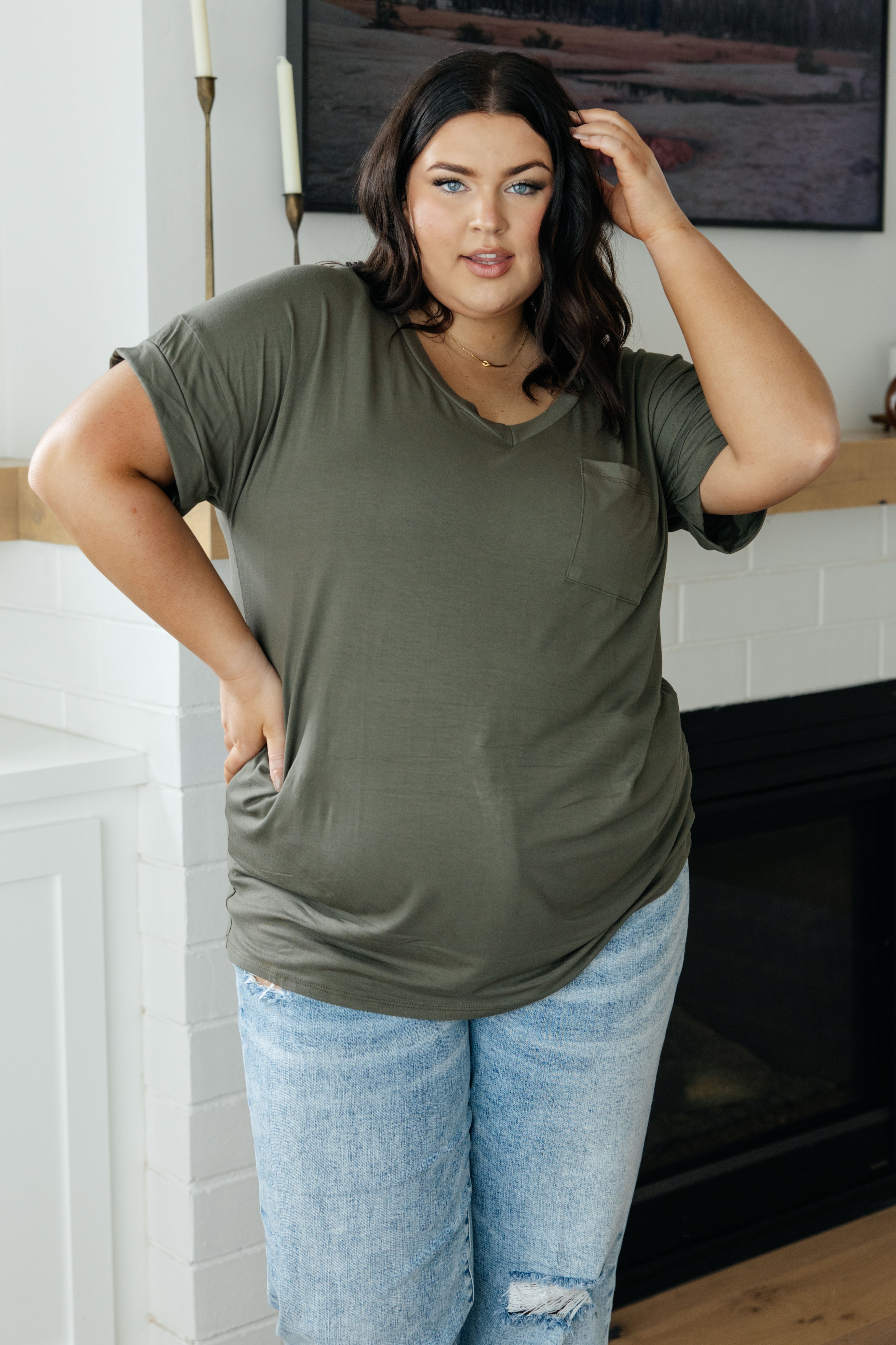 Absolute Favorite V Neck Top in Olive - Women's Casual Comfortable T-Shirt for Everyday Wear, Work & Outings