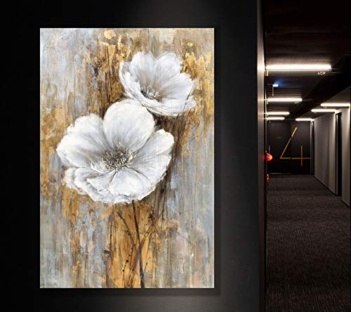 Hand Painted Lily Bouquet Oil Painting with Gold Foil - White Floral Wall Art for Bedroom Decor | Elegant Home & Office Wall Decor | Perfect Gift for Housewarming & Wedding