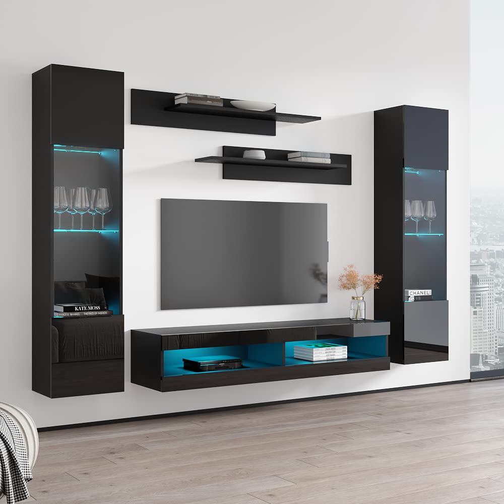 Modern Floating TV Stand with Storage & LED Lights - Wall-Mounted Entertainment Center Console for Bedroom & Living Room - Space-Saving TV Cabinet with Shelves - Black - Perfect for Small Spaces & Home Theater Setup