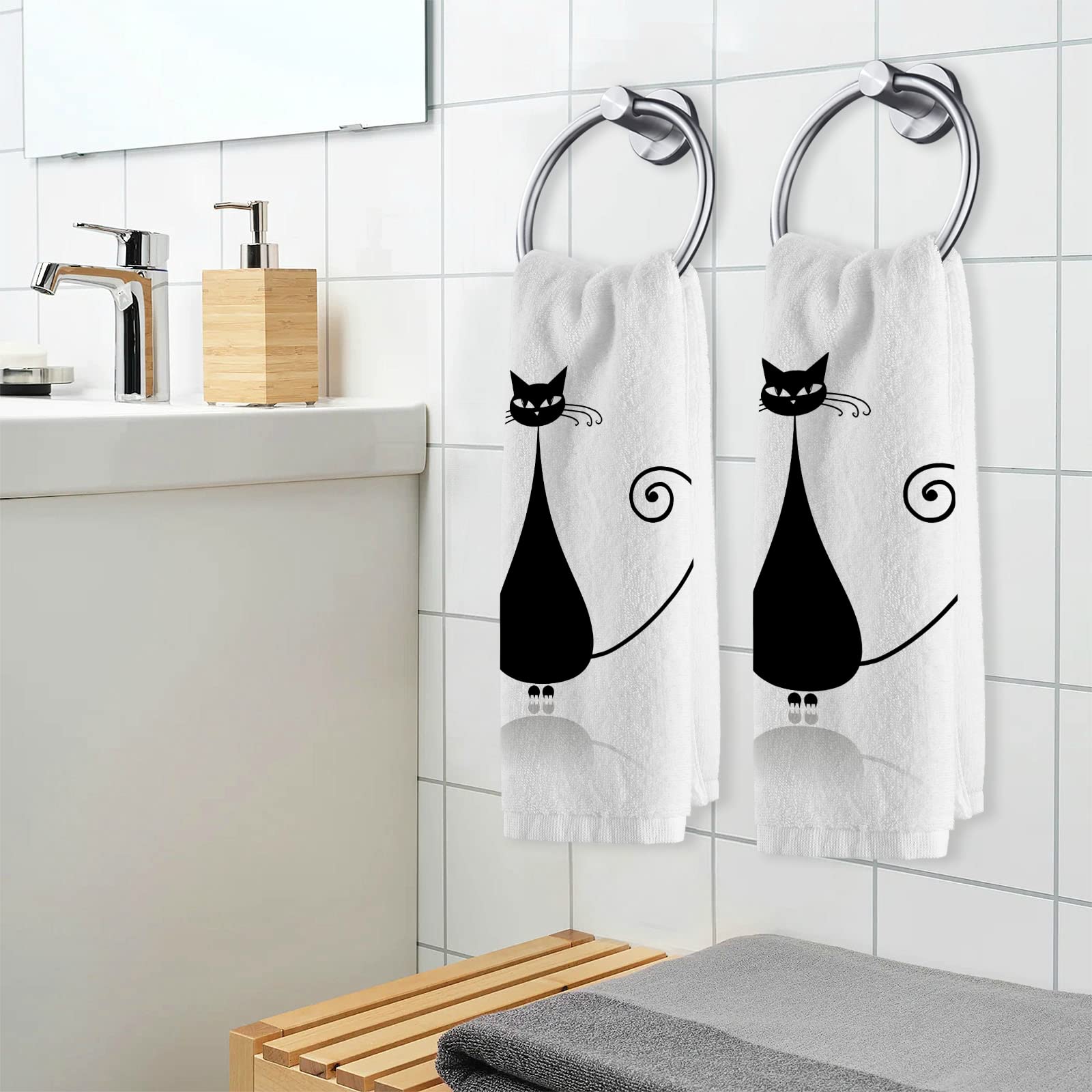 Premium 100% Cotton White & Black Cat Print Hand Towels - Soft, Absorbent Bath Towels for Face, Body & Hair (16x30 Inches) - Elegant Bathroom Decor & Housewarming Gift