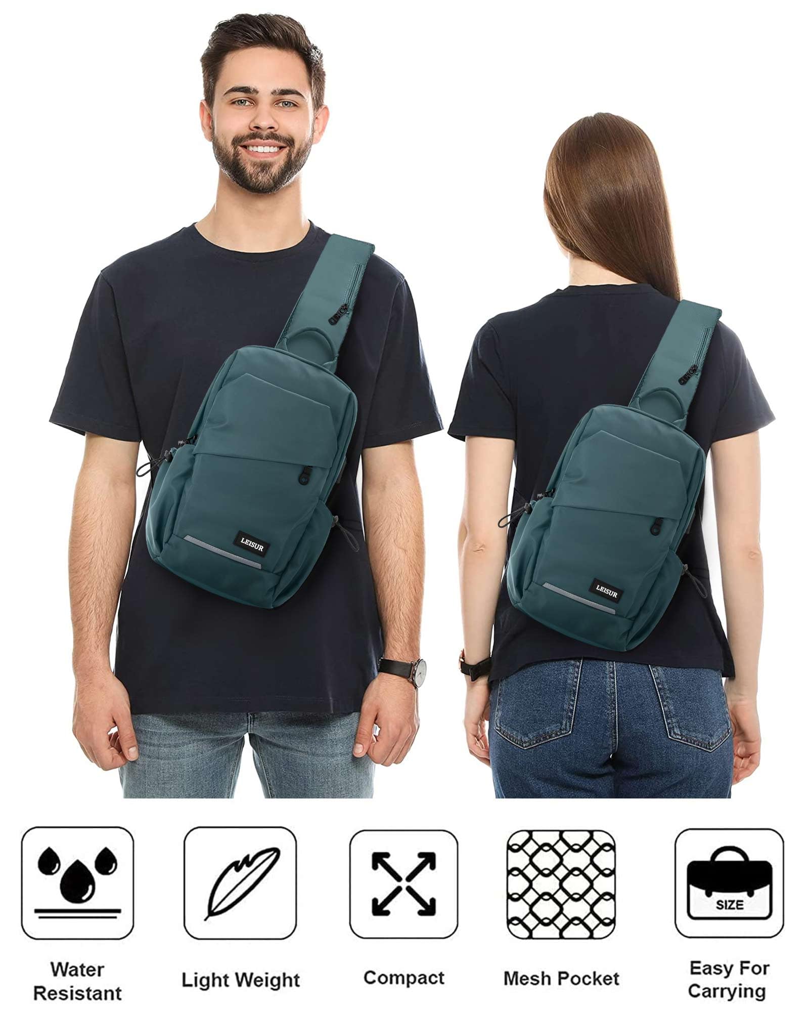 Lightweight Crossbody Sling Bag for Men & Women - Compact Shoulder Backpack with USB Charger Port, Perfect for Travel, Hiking, Gym & Daily Use - Peacock Blue