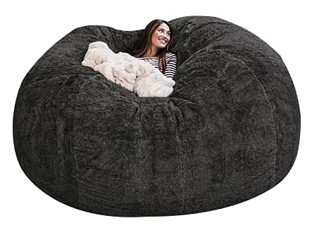7FT Giant Fluffy Artificial Fur Bean Bag Cover Only (No Filler) - Dark Gray - Soft Round Lazy Sofa Bed Replacement for Living Room, Bedroom, Game Room & Home Theater Lounging