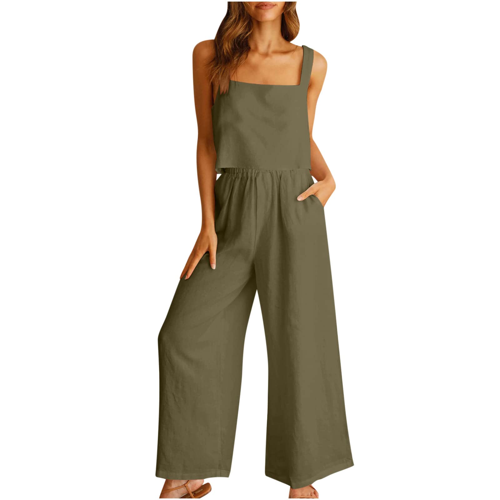 Women's 2-Piece Cotton Linen Lounge Set - Oversized Wide Leg Pants & Top Comfy Travel Outfit | Casual Pajama Set for Home, Vacation & Relaxation | Breathable Summer Loungewear for Women