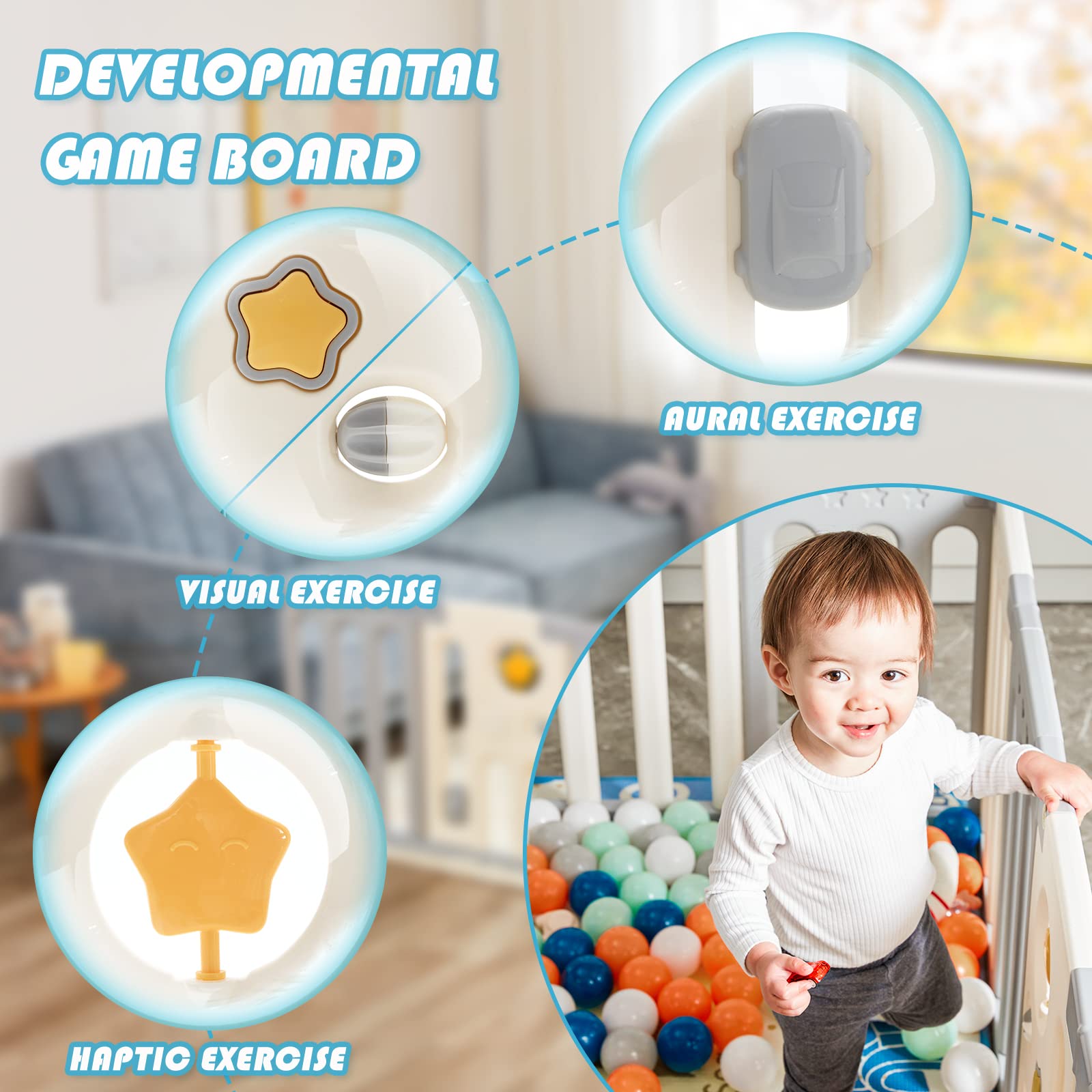 **Baby Playpen - 16 Panel Safety Baby Gate for Infants & Toddlers, Sturdy & Portable Play Yard for Indoor & Outdoor Use - Grey, White & Star Design - Perfect for Playtime, Learning & Safe Exploration**