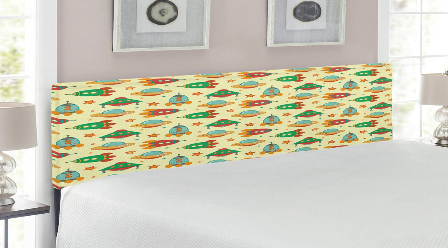 Ambesonne Spaceship Headboard - Kids Cartoon Space Theme with Rockets & Universe Design, Upholstered Memory Foam Metal Bed Headboard (King Size, Multicolor) - Perfect for Children's Bedroom Decor & Space-Themed Nursery