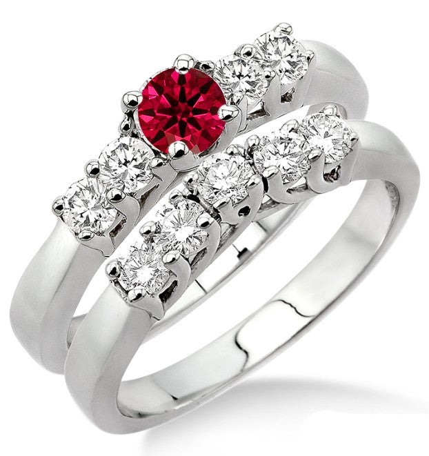 1.5 Carat Genuine Ruby Five Stone Bridal Ring Set in 10k White Gold - Perfect for Engagement, Wedding & Anniversary Gifts