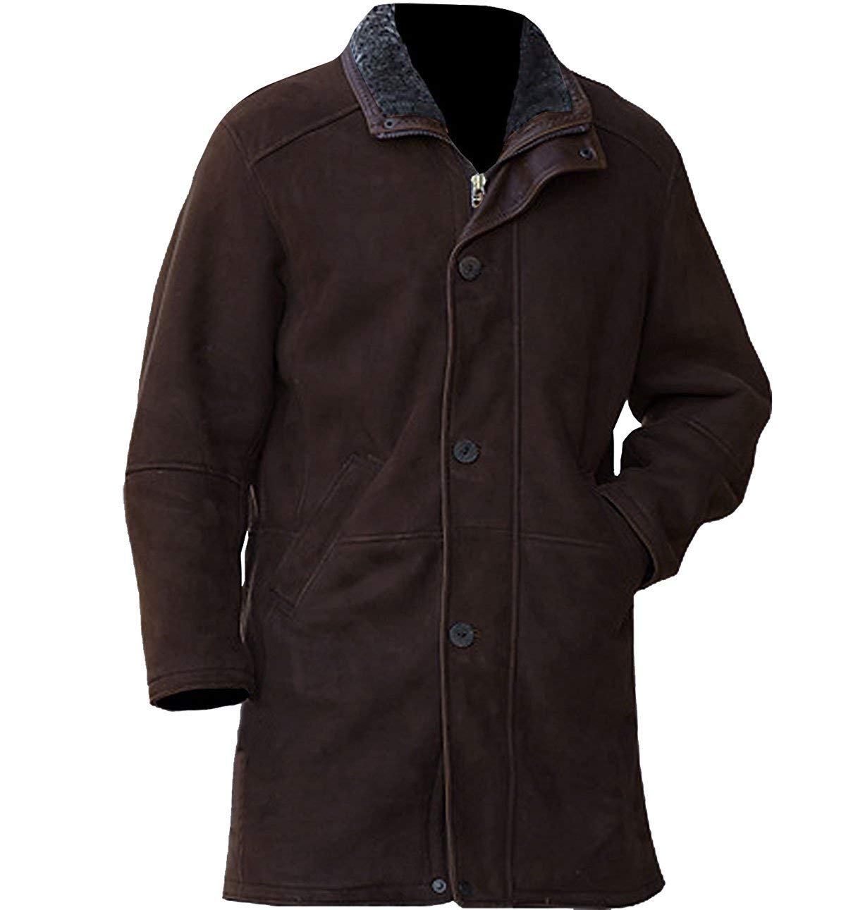 Genuine Suede Leather Brown Sheriff Jacket for Men - Robert Mire Long Trench Coat (Size 2XS to 4XL) - Western Style Outerwear for Cowboy Costume, Halloween & Outdoor Adventures