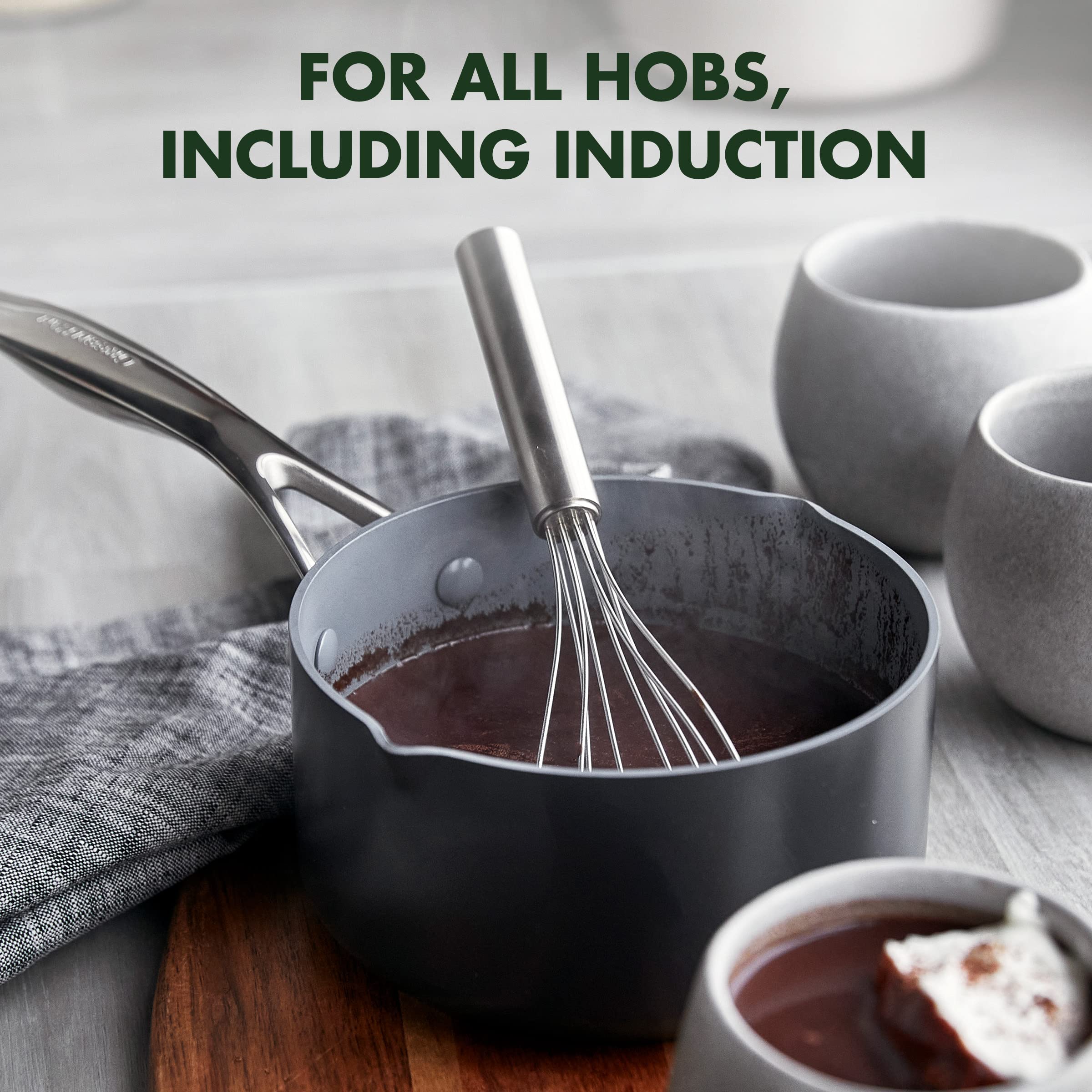 GreenPan Valencia Pro 16cm/1.6L Non-Toxic Ceramic Non-Stick Milk Pot - PFAS-Free, Induction & Oven Safe (Grey) - Perfect for Heating Milk, Making Sauces & Small Batch Cooking