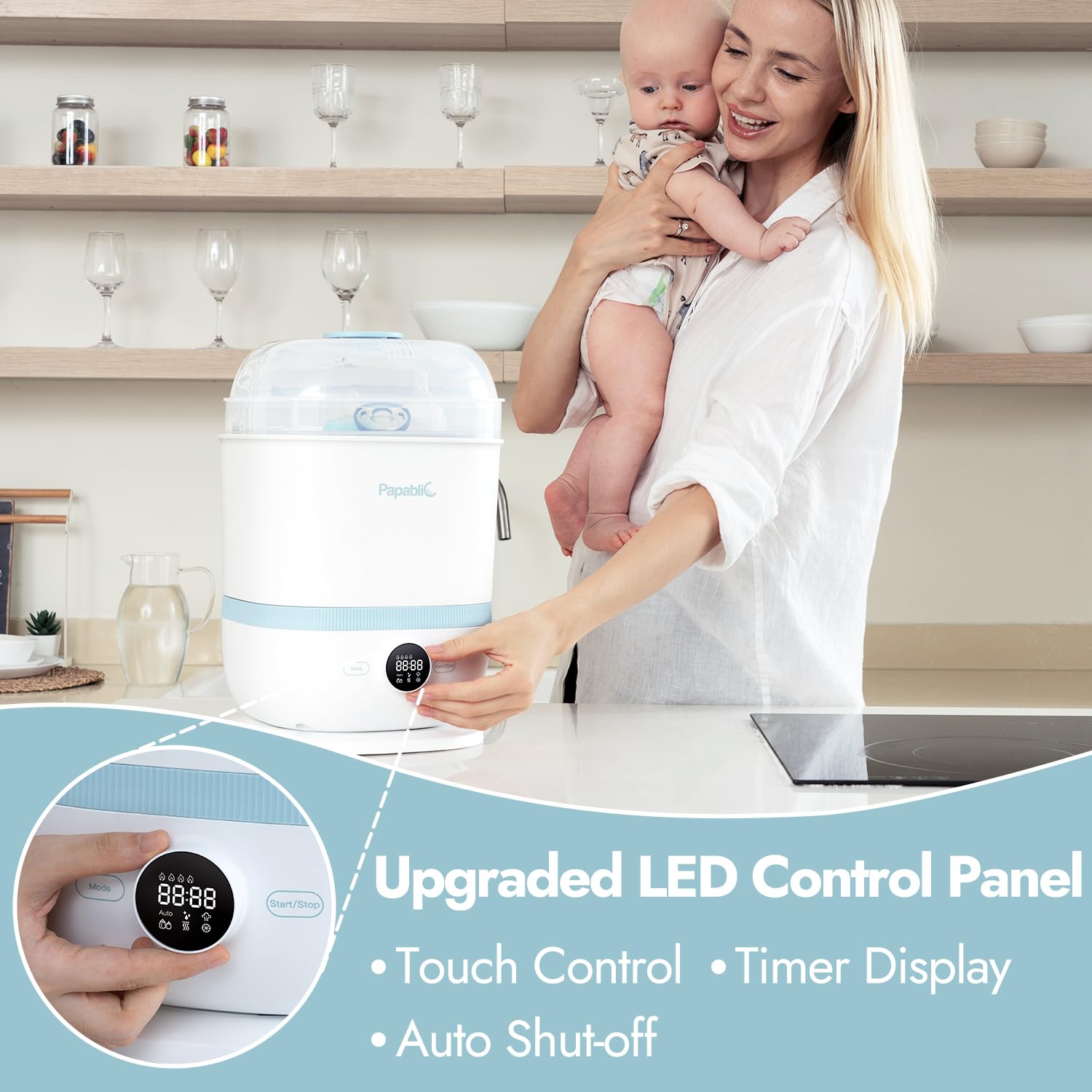 Papablic Electric Baby Bottle Sterilizer and Dryer - 13 Bottle Capacity, Large Steam Sanitizer for Baby Bottles, Pacifiers & Newborn Essentials - Perfect for Busy Parents & Large Families