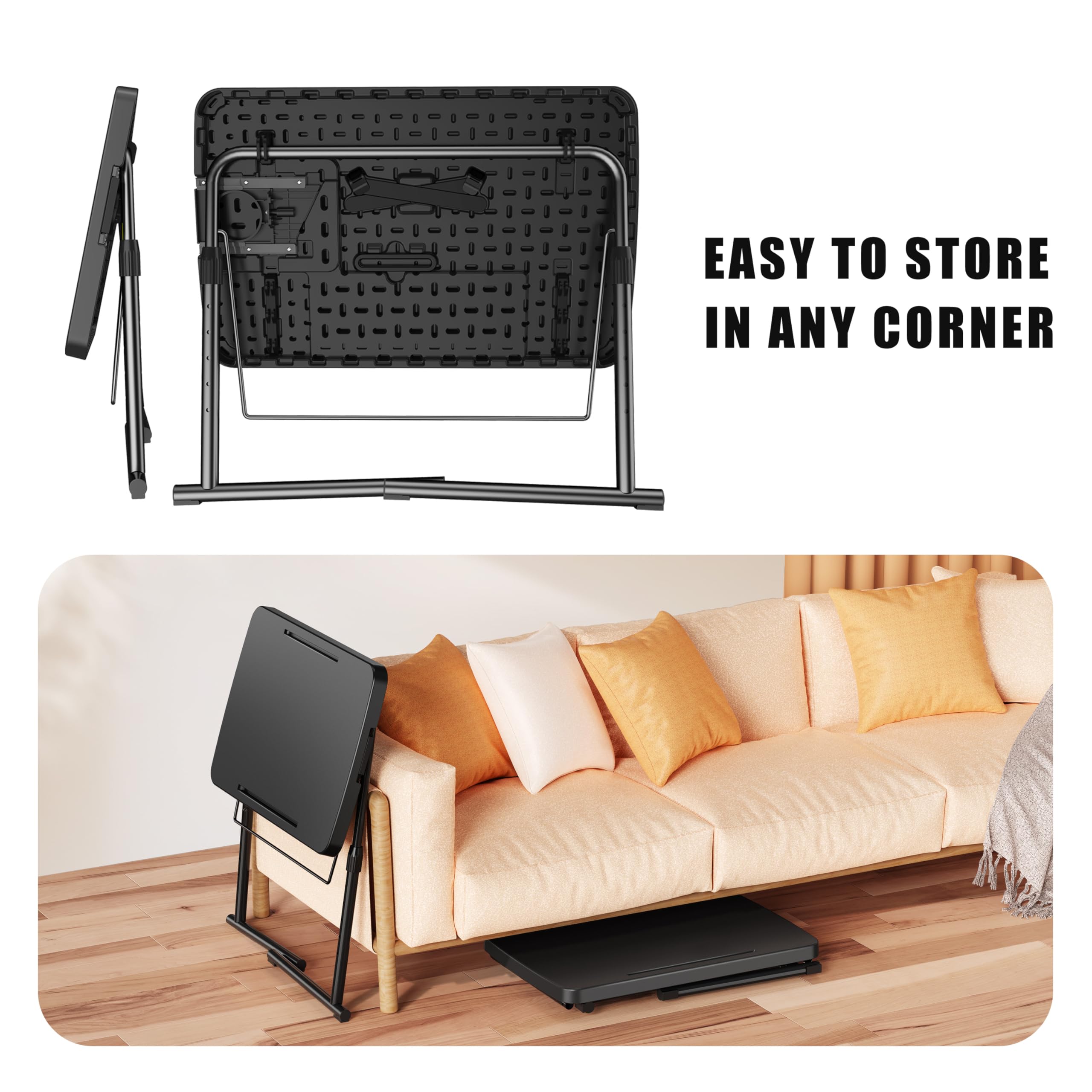 Adjustable Folding TV Tray Table with Book Stand, Cup Holder & Tablet Slot - Portable Laptop Desk for Eating, Working & Reading in Bed or on Couch - Allpop Black TV Dinner Tray for Home, Office & Dorm Use