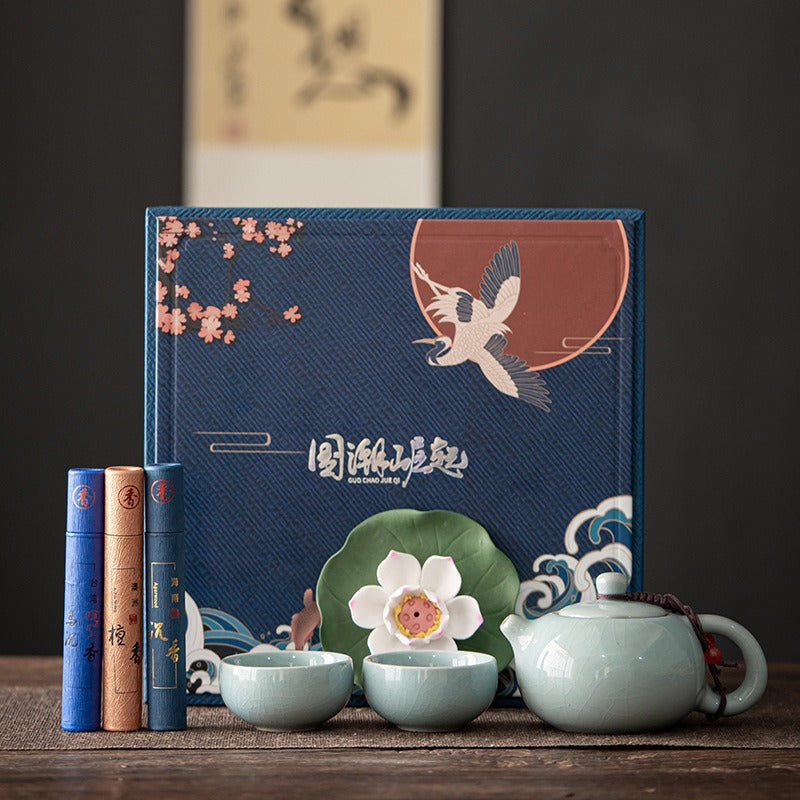 Premium Geyao Ceramic Tea Set with Lotus Incense Holder - Traditional Chinese Gongfu Tea Brewing Kit for Home, Office & Meditation Spaces