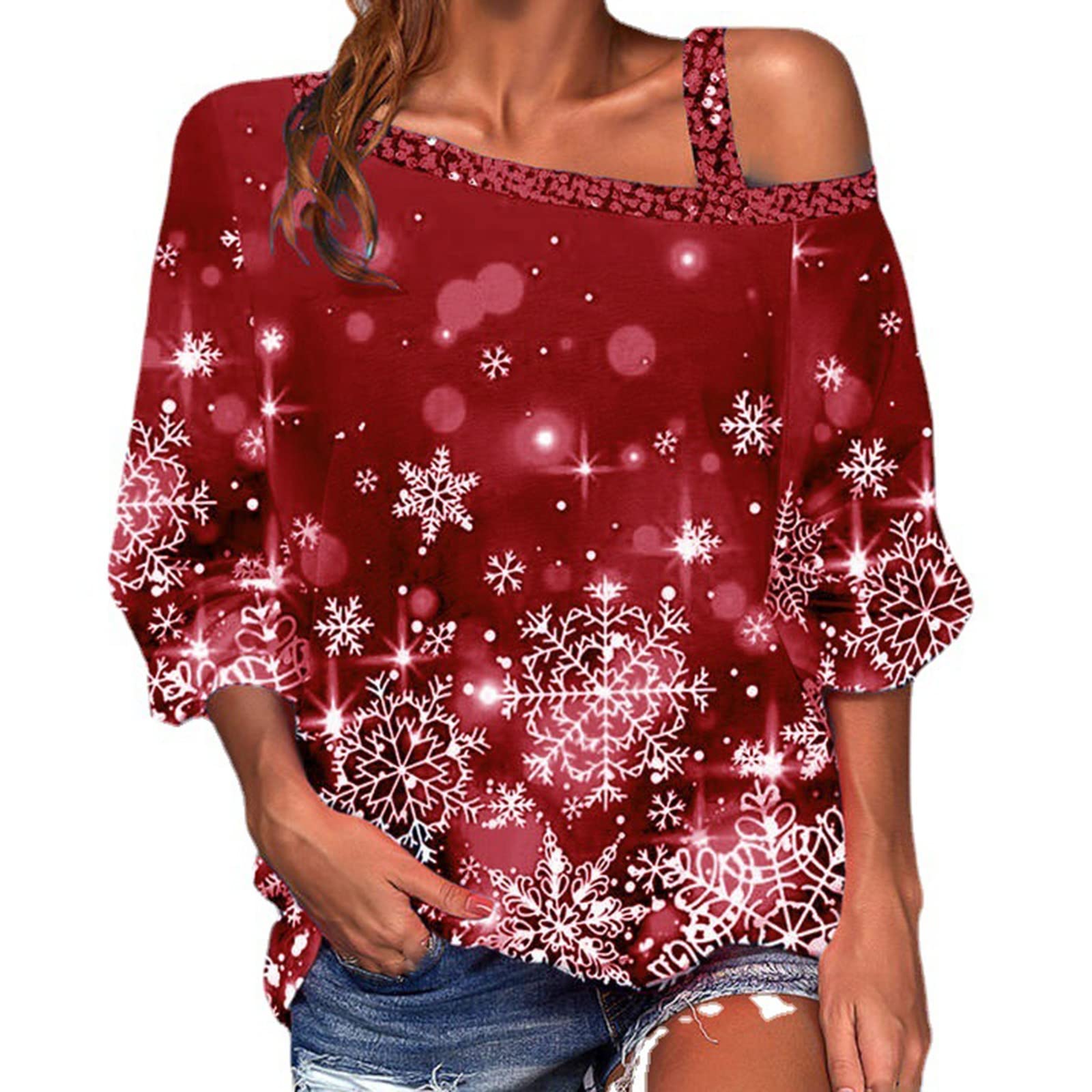 Women's Loose Casual Blouse with Snowflake Print & Sexy Skew Neck Design - Elegant Shoulder Tops for Autumn Winter Christmas - Perfect for Holiday Parties, Office Wear & Senior Women Fashion