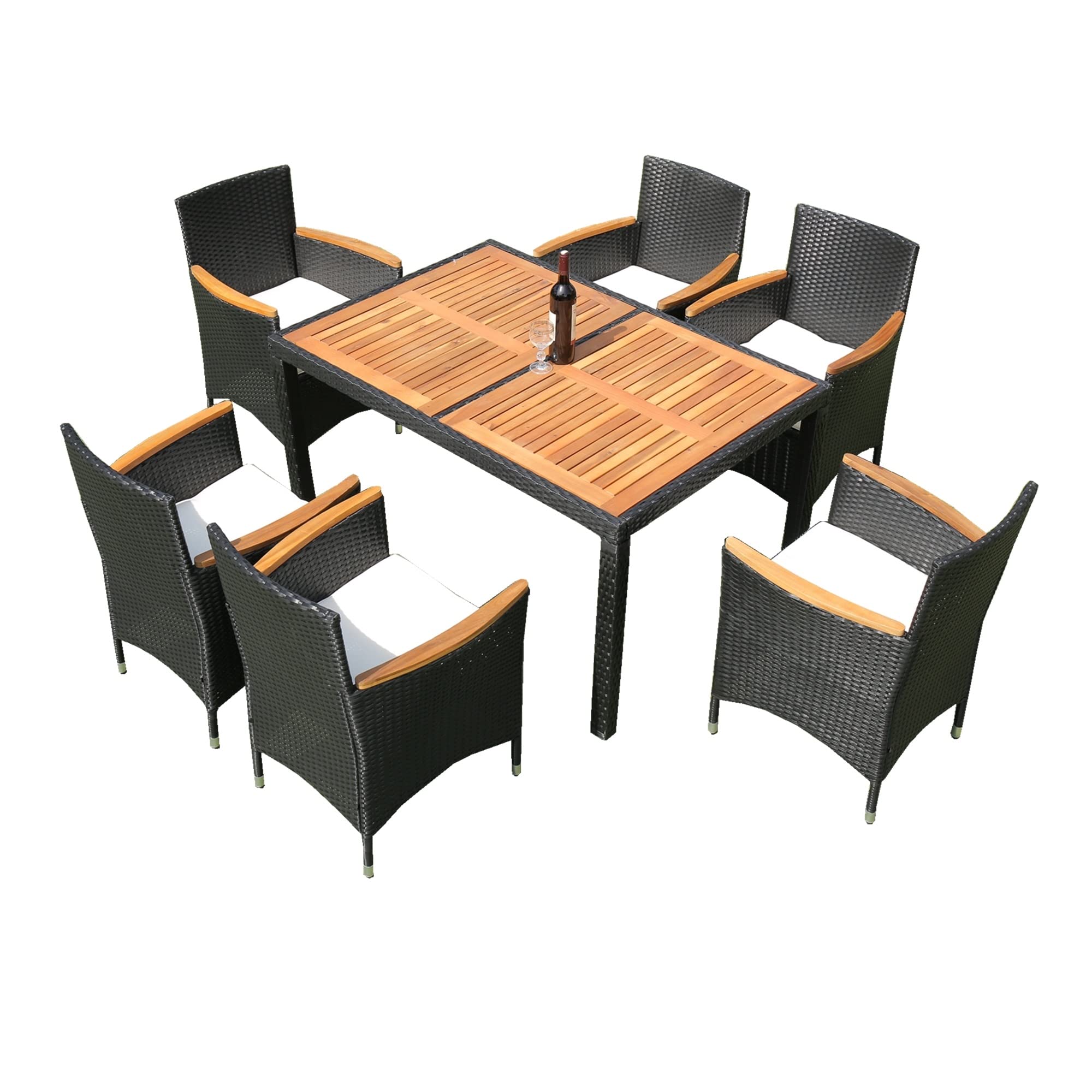 7-Piece Outdoor Dining Set with Acacia Wood Table & Removable Cushions - Patio Wicker Furniture for Backyard, Garden, Poolside - Perfect for Entertaining & Relaxing Outdoors