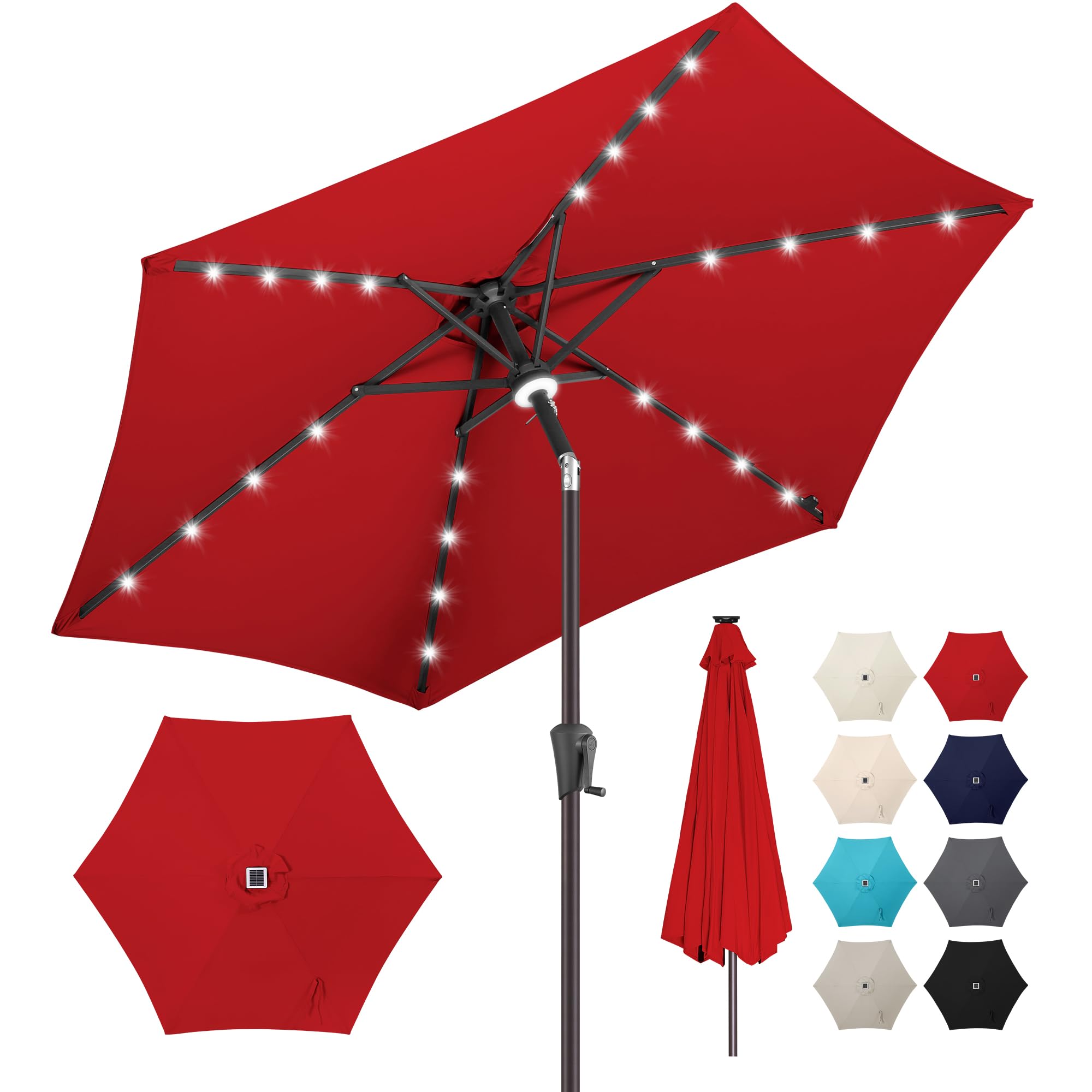 7.5ft Solar Powered LED Patio Umbrella with Tilt & Crank - Waterproof UV Protection Outdoor Umbrella for Pool, Garden, Deck - 24 LED Lights for Nighttime Use (Red) | Perfect for Backyard Dining, Porch Relaxation & Outdoor Entertaining