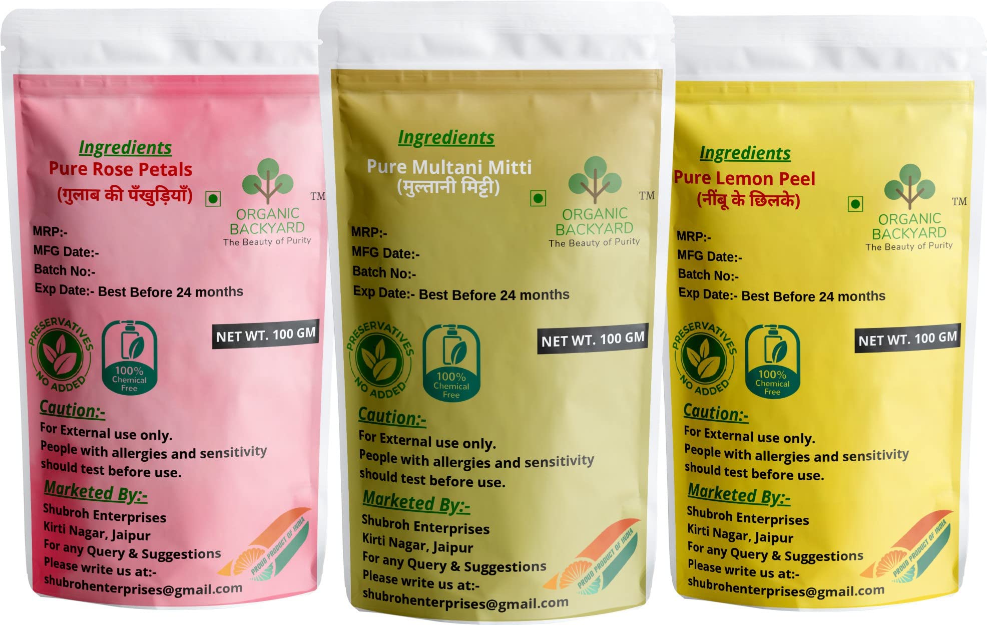 Organic 100% Natural Rose Petal & Multani Mitti Clay with Lemon Peel Powder Combo - 100g Each for Glowing Skin | Face Mask, Exfoliator & Skin Brightener for Daily Beauty Routine