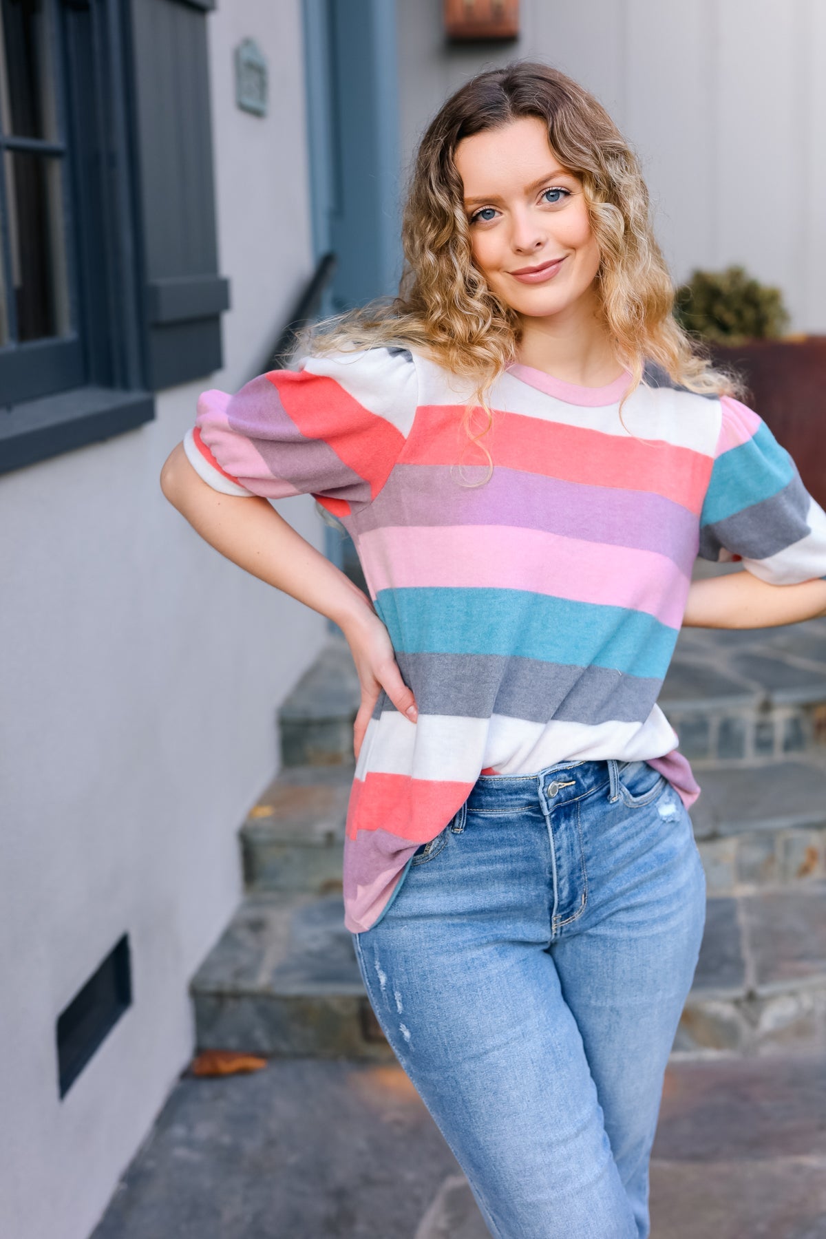 Look Out Teal & Rose Striped Hacci Knit Puff Sleeve Top | Women's Fashion Blouse | Casual & Party Wear | Perfect for Date Nights & Office Outfits
