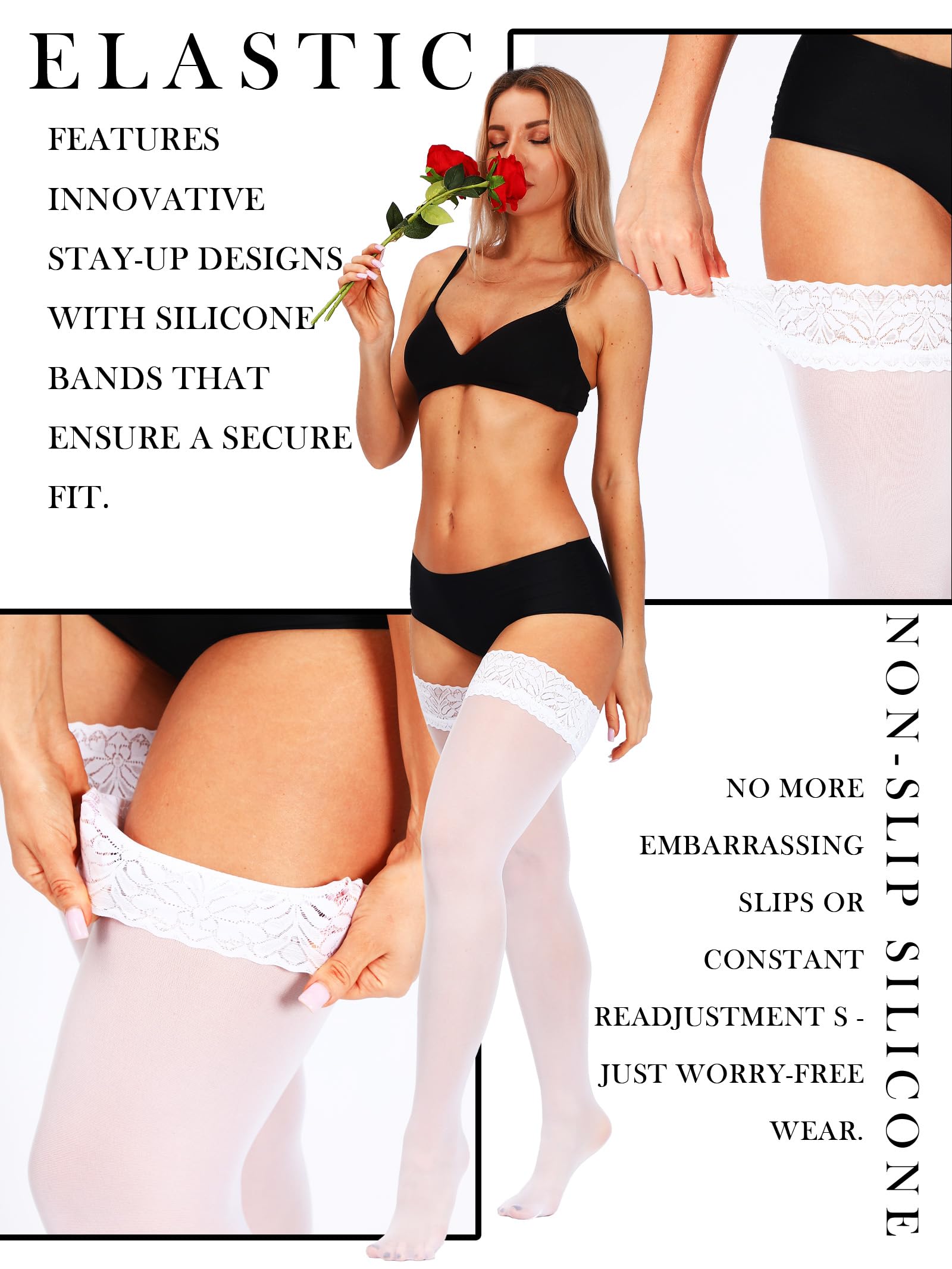 SUREPOCH Women's Thigh High Stockings - Semi Sheer Silicone Lace Top Pantyhose (1-2 Pairs) | Comfortable & Sexy Hosiery for Dressing Up, Date Night & Office Wear