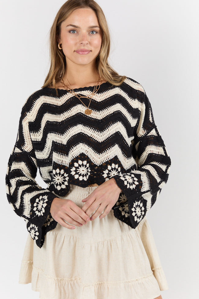 Saltwater Nights Black and Ivory Crochet Sweater for Women | Boho Beach Cover Up | Perfect for Summer Evenings & Vacation Outfits