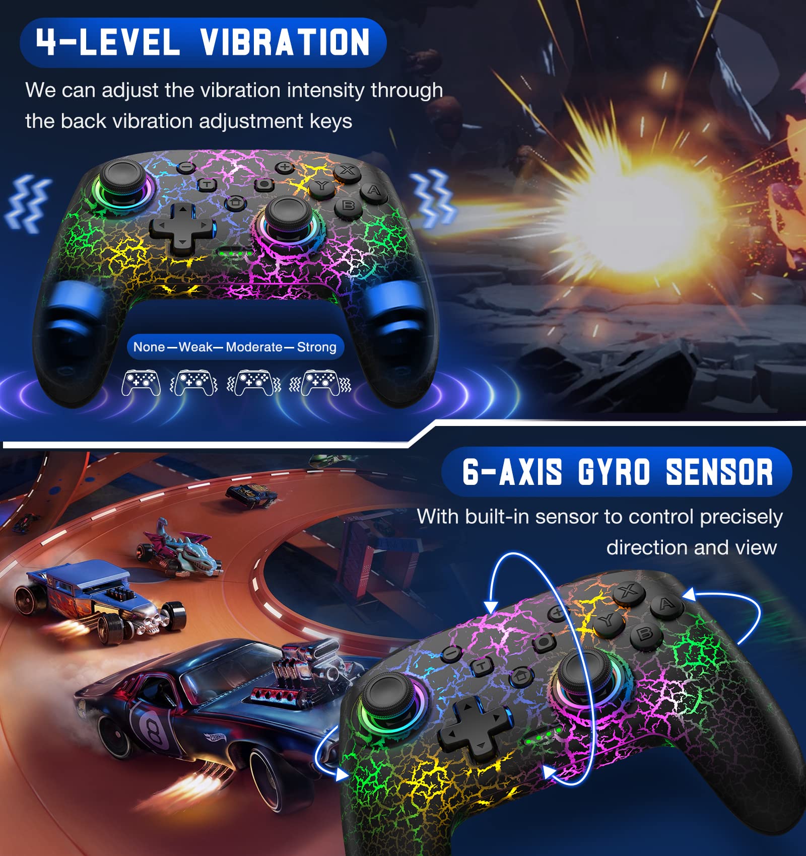Wireless Switch Pro Controller for Switch/Lite/OLED - 9 Color LED, PC/Android/iOS Compatible for Gaming & Streaming