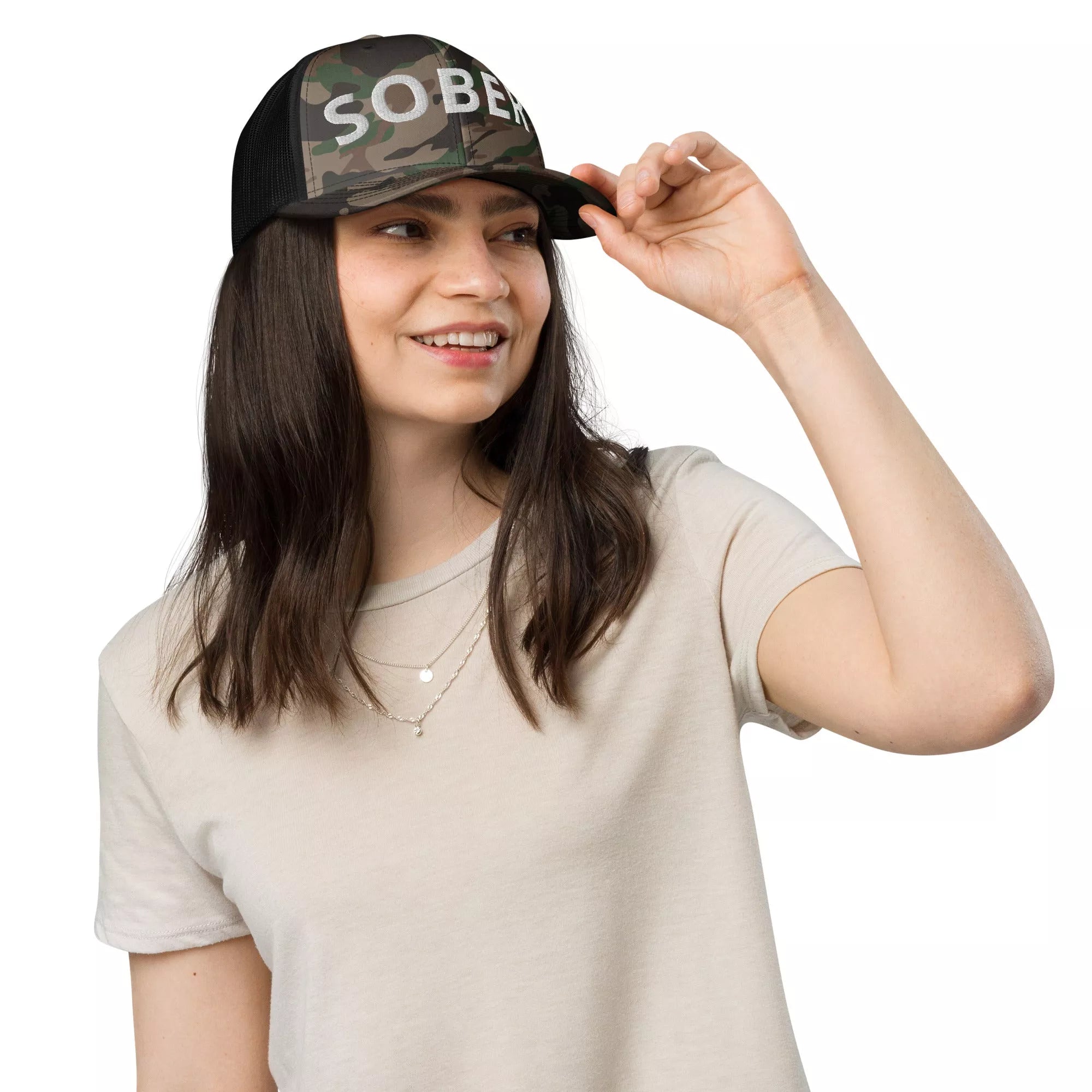 Sober Camouflage Trucker Hat for Men & Women - Adjustable Snapback Cap for Outdoor, Hiking, and Casual Wear