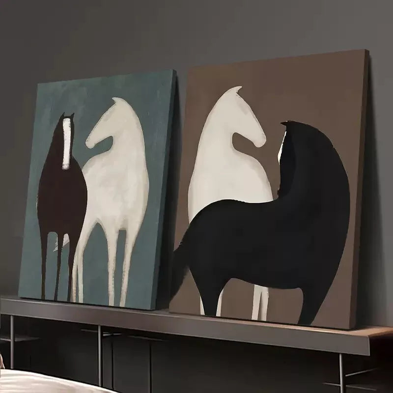 2-Piece Modern Abstract Horse Duo Black & White with Teal Accents Canvas Wall Art - 50x75cm Framed High Quality Print | 100% Australian Made | Ready to Hang | Perfect for Living Room, Bedroom & Office Decor