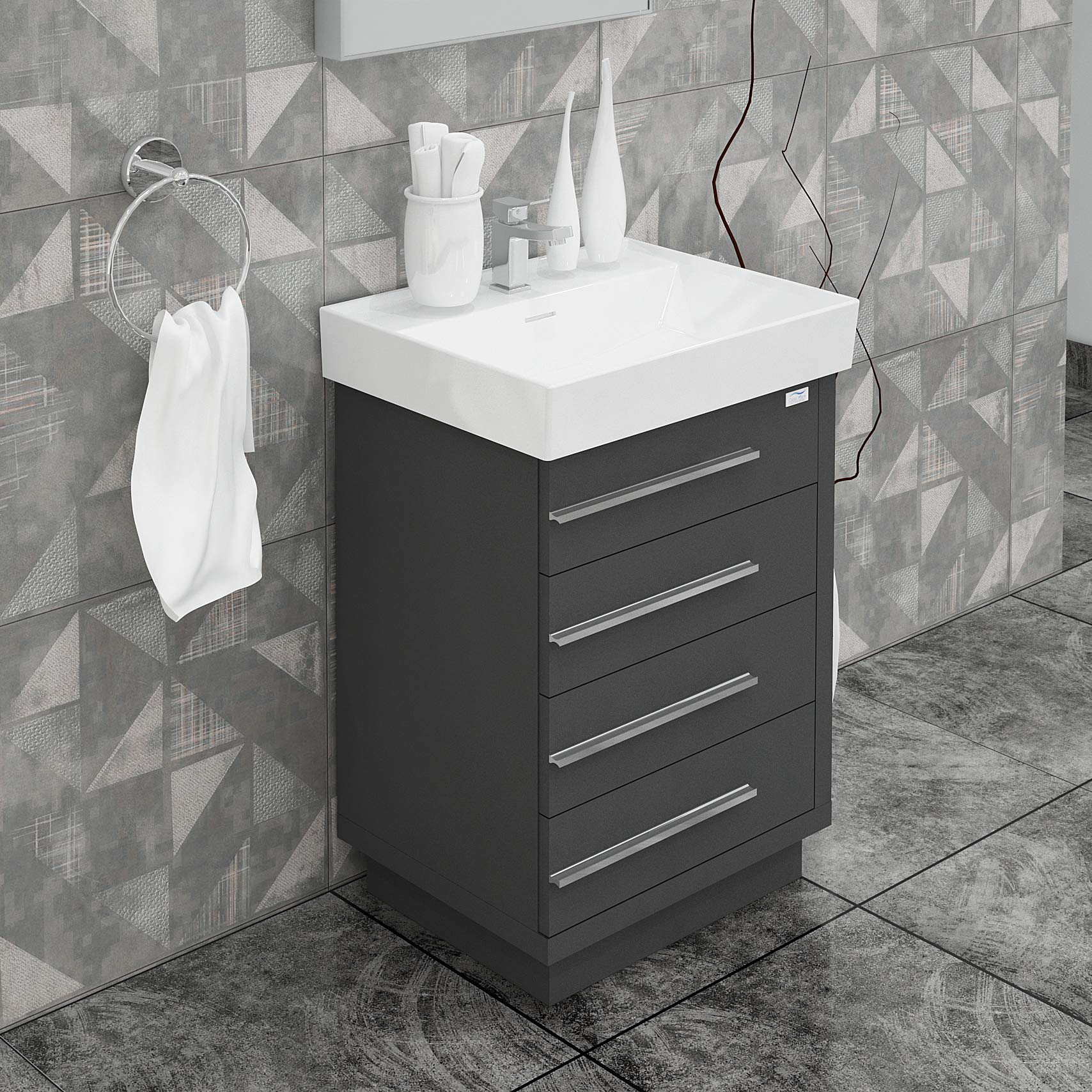 32 Inch Single Sink Bathroom Vanity with LED Mirror - Modern Wood Cabinet & Ceramic Sink Set | Soft Closing Drawers | Free Standing Contemporary Design in Glossy Grey | Perfect for Small Bathrooms, Master Suites & Apartment Remodels