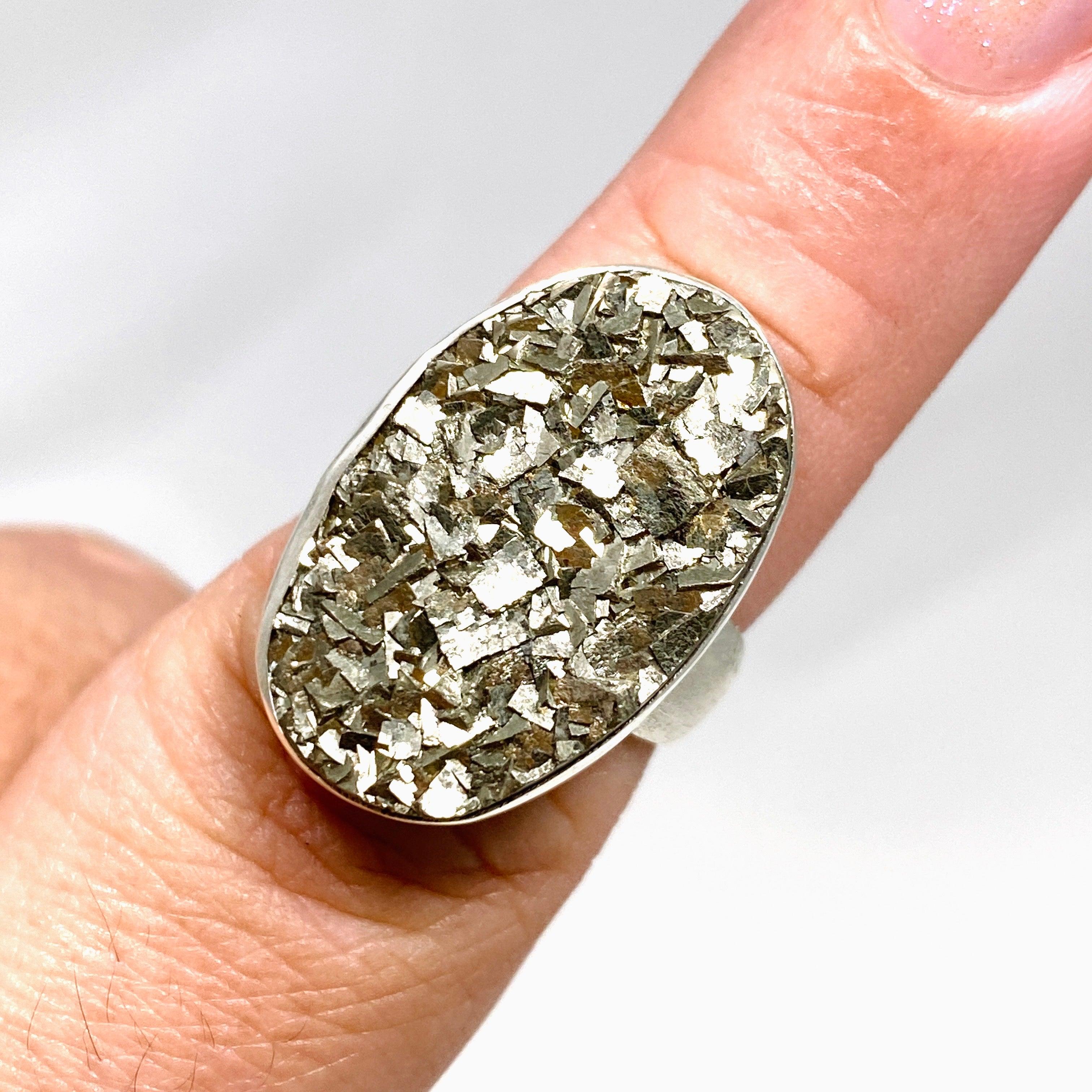 Natural Pyrite Raw Stone Oval Ring with Brushed Silver Band - Size 8 - KRGJ3193 - Perfect for Boho Jewelry, Spiritual Healing & Everyday Fashion Accessories