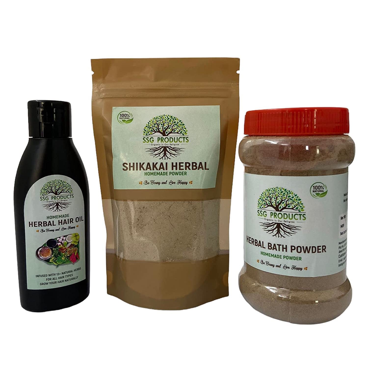 SSG PRODUCTS Herbal Hair Oil, Shikakai Powder & Bathing Powder Combo Pack (100ml + 100g + 100g) - 300g Total | Natural Ayurvedic Hair & Body Care Set for Healthy Hair Growth & Skin Cleansing | Perfect for Daily Hair Wash & Spa Treatment at Home