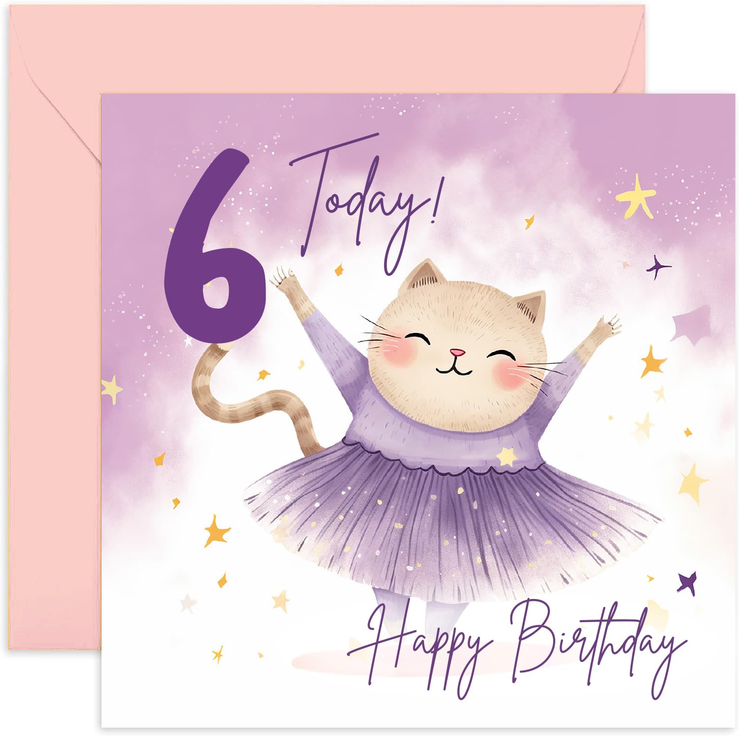 Old English Co. 6th Birthday Card for Girls - Happy 6th Birthday Ballerina Cat Card - Age 6 Birthday Greeting Card for Daughter, Niece, Granddaughter - Perfect for Birthday Parties & Celebrations