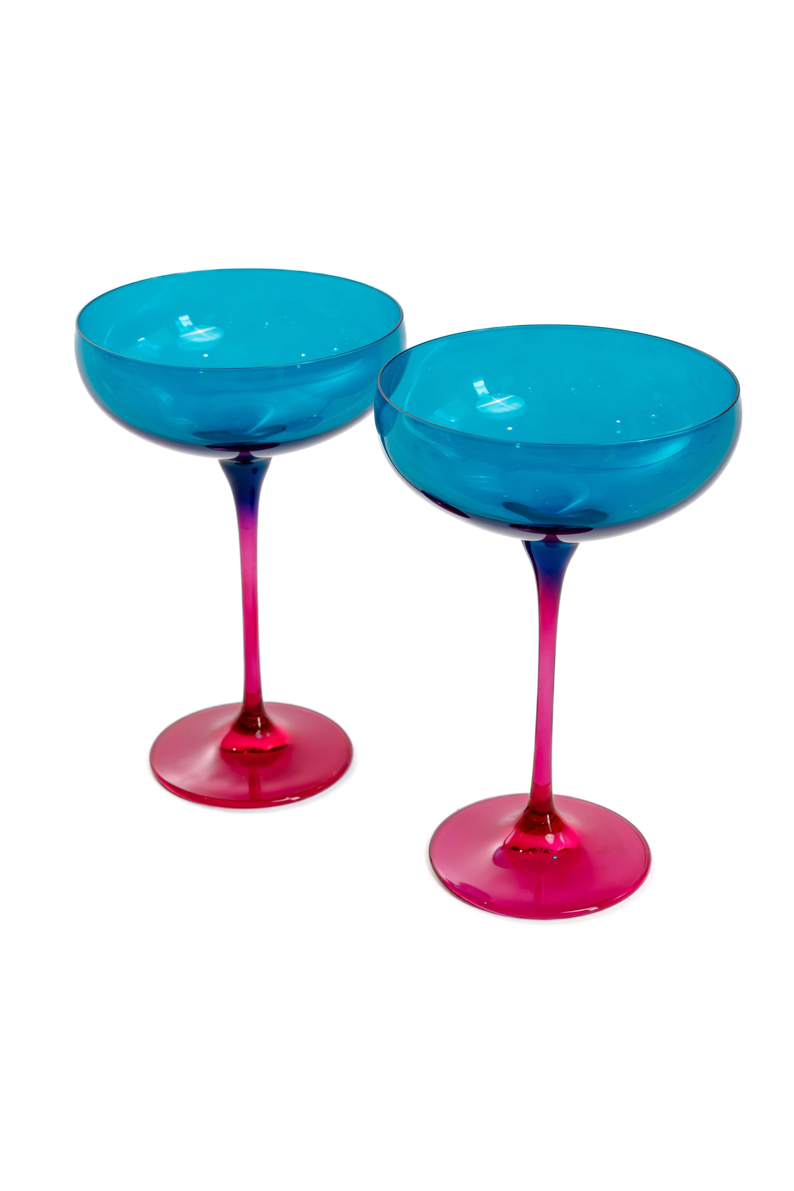 Estelle Colored Champagne Coupe Set of 2 - Teal & Fuchsia Colorblock Glassware for Wedding Toast, Bridal Shower, Anniversary & Party Celebrations