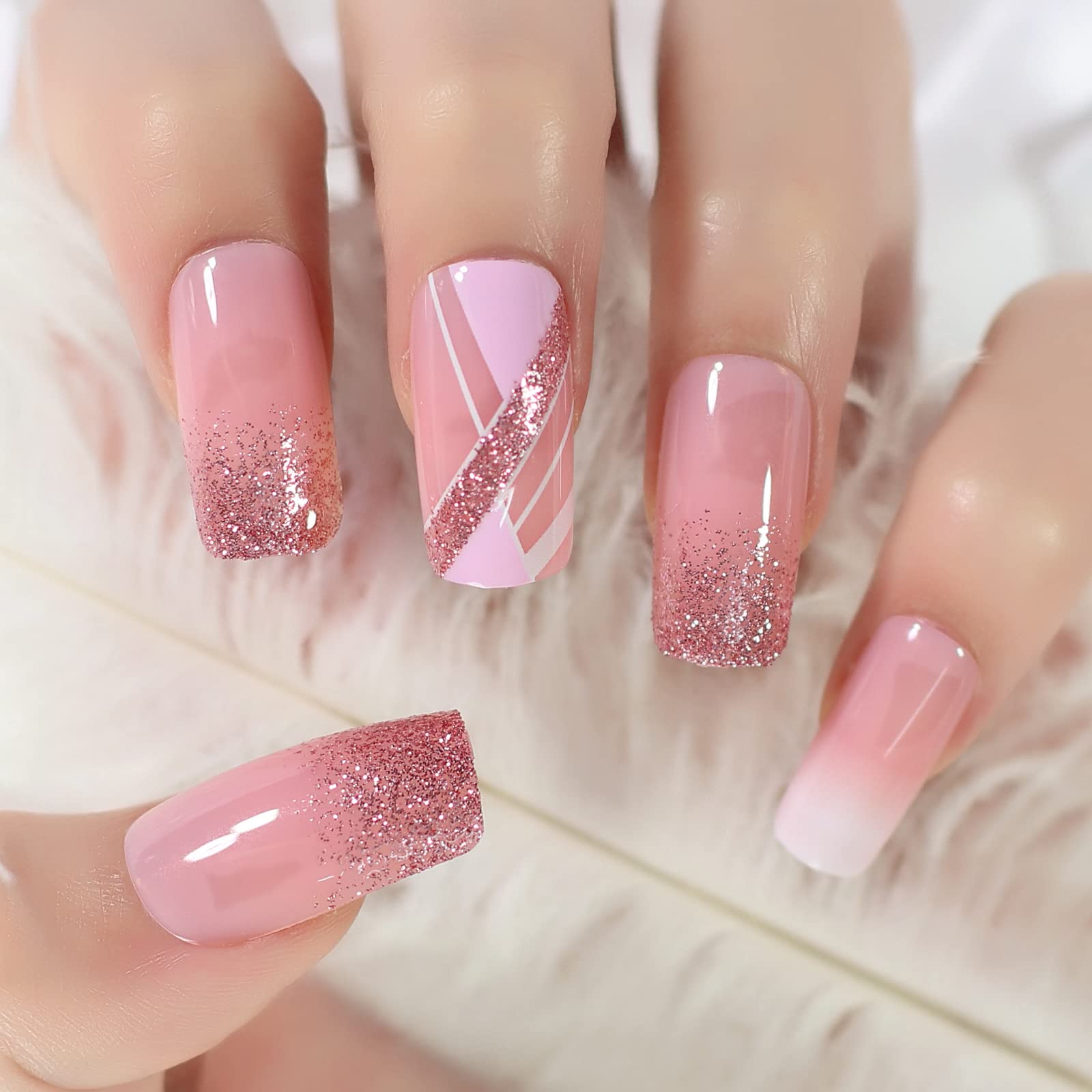 Pink Glitter French Line Geometry False Nails - Medium Square Glossy White Squoval Press On Nails (24 pcs/Kit) for Parties, Weddings & Special Occasions