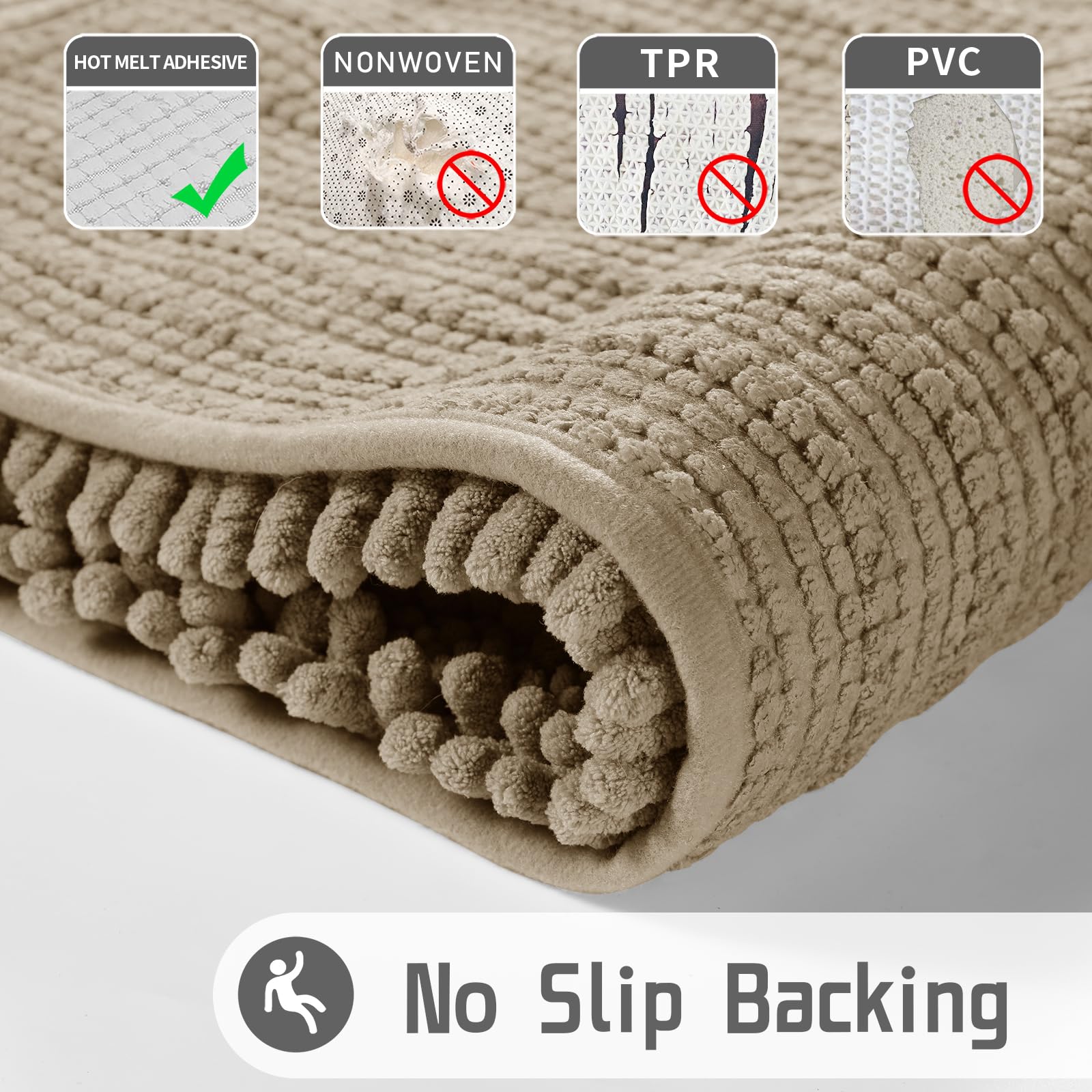 Yimobra Soft Shaggy Bath Mat 36.2 x 24 Inches - Non-Slip, Super Absorbent & Quick Dry Bathroom Rug for Floor - Machine Washable Large Bath Mat in Pale Khaki - Perfect for Bathroom, Shower & Vanity Areas