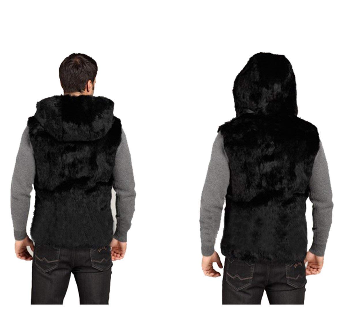 Genuine Rabbit Fur Men's Black Hooded Vest with Matching Fur Hat - Winter Fashion Coat for Men, Gifts for Him - Perfect for Outdoor Activities, Cold Weather & Stylish Layering