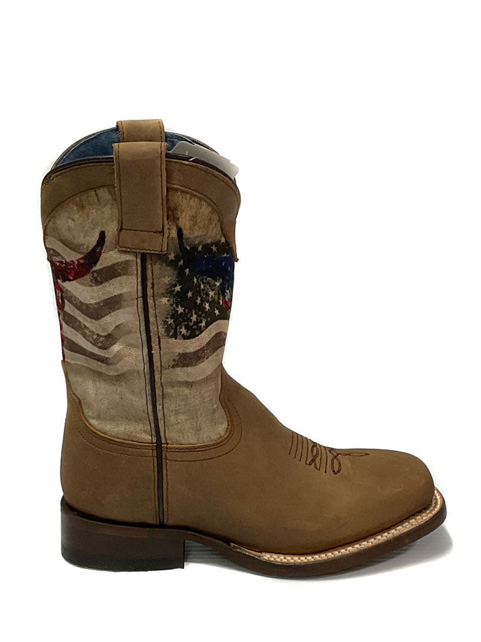 Roper Kids American Bull Boots - Tan Leather Cowboy Boots for Boys & Girls - Durable & Comfortable for Riding, Outdoor Play & Western Style