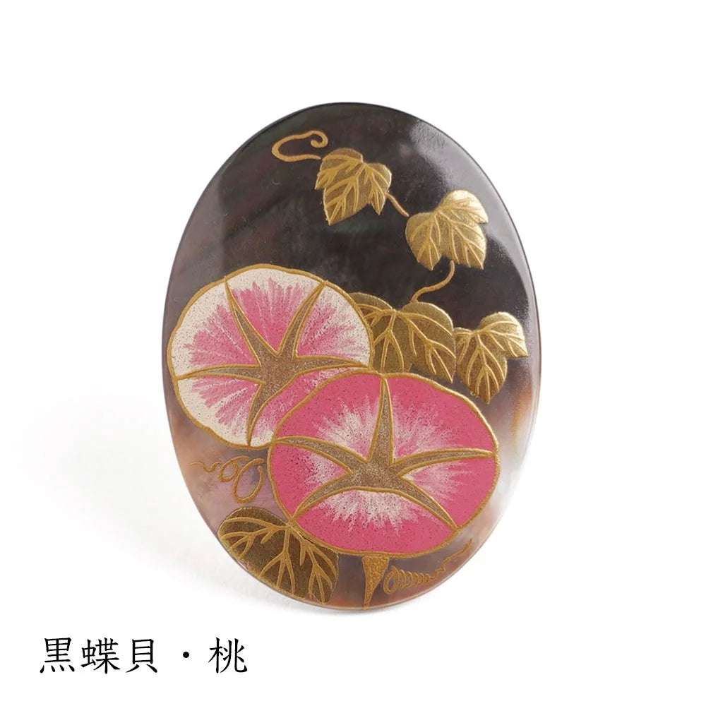 Handcrafted Maki-e Urushi Lacquer Brooch with Black Lip Oyster Pearl Shell, Morning Glory & Pink Floral Design | Traditional Japanese Lacquer Jewelry | Perfect for Kimono, Formal Wear & Special Occasions