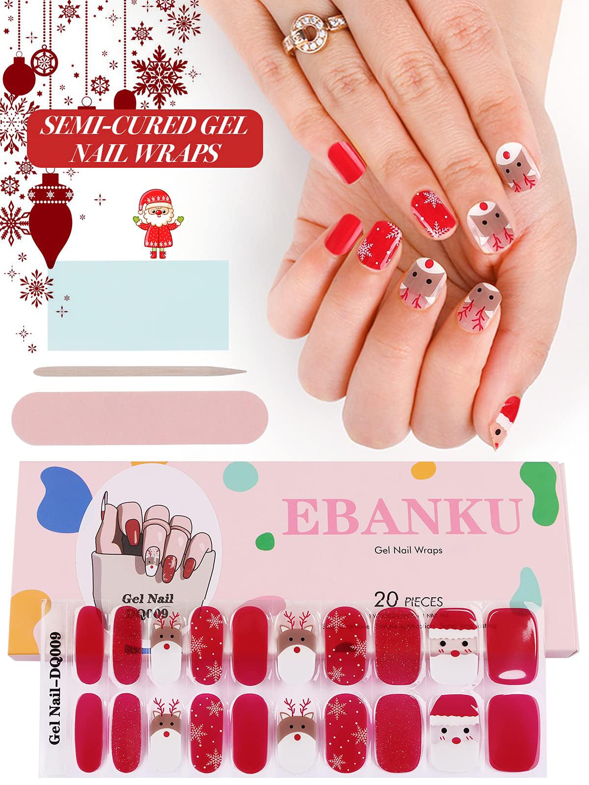 EBANKU Christmas Semi Cured Gel Nail Strips - Snowflake Elk UV Gel Nail Stickers for Women & Girls, DIY Nail Art Decorations (UV/LED Lamp Required) - Perfect for Holiday Parties, Gift Giving & Festive Nail Designs