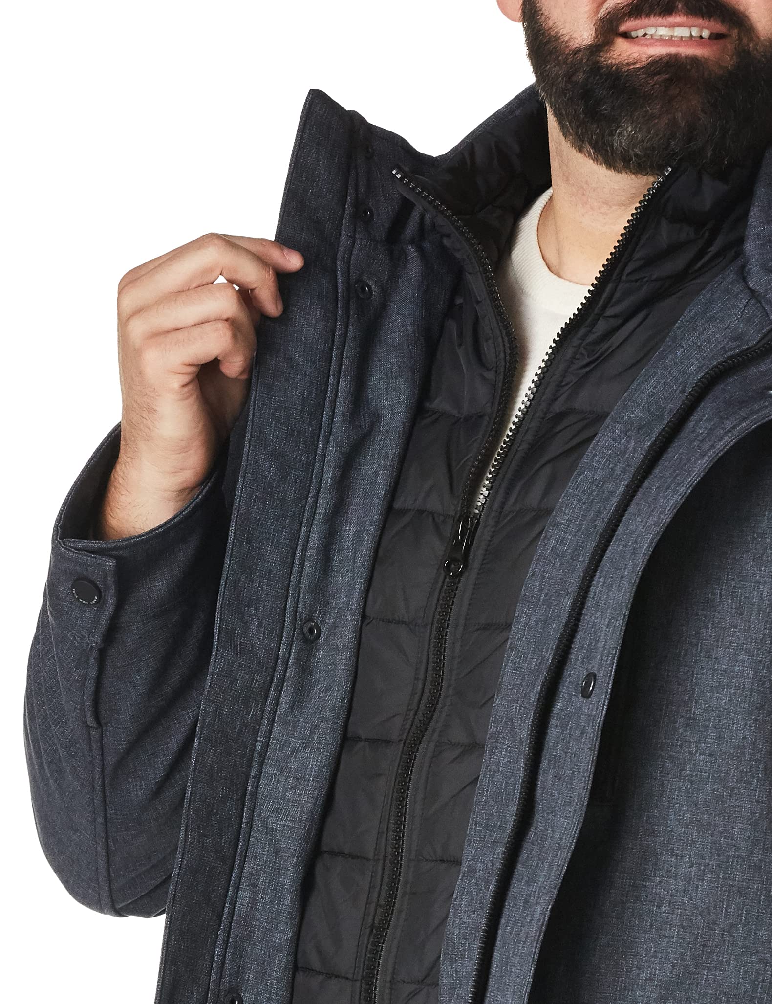 Andrew Marc Men's Legacy Mullins 30 Melange Tech Funnel Collar Jacket with Quilted Bib - Water-Resistant Winter Coat for Outdoor Activities & Urban Style