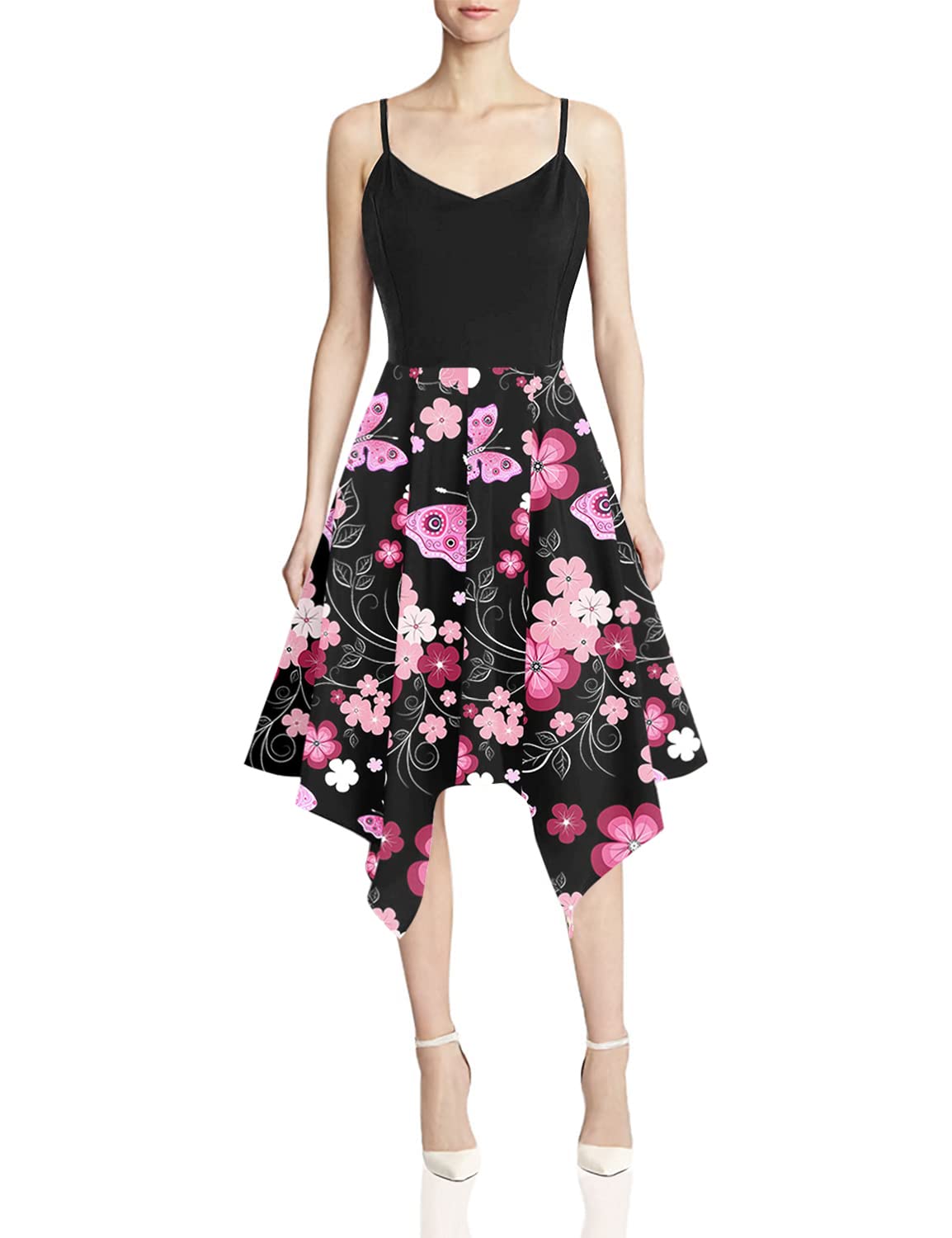 iQKA Women's Sunflower Print Mini Dress - Plus Size Asymmetric Camisole Summer Beach Dress for Vacation, Pool Party & Tropical Getaway