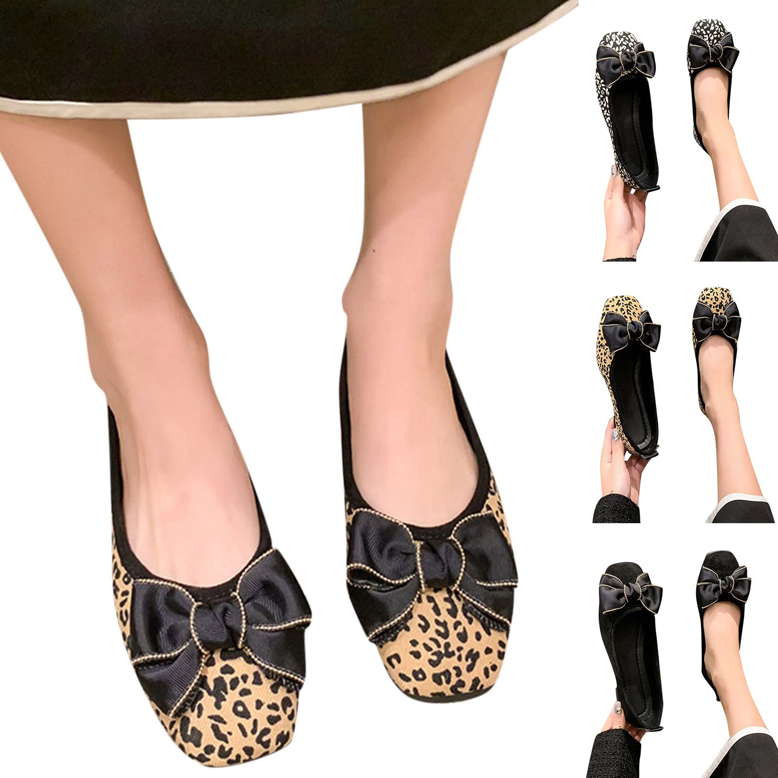 Women's Casual Flat Shoes - Spring & Autumn Square Toe Bow Leopard Print Slip-On Loafers for Work, Office & Daily Wear | Comfortable Low Heel Dress Shoes