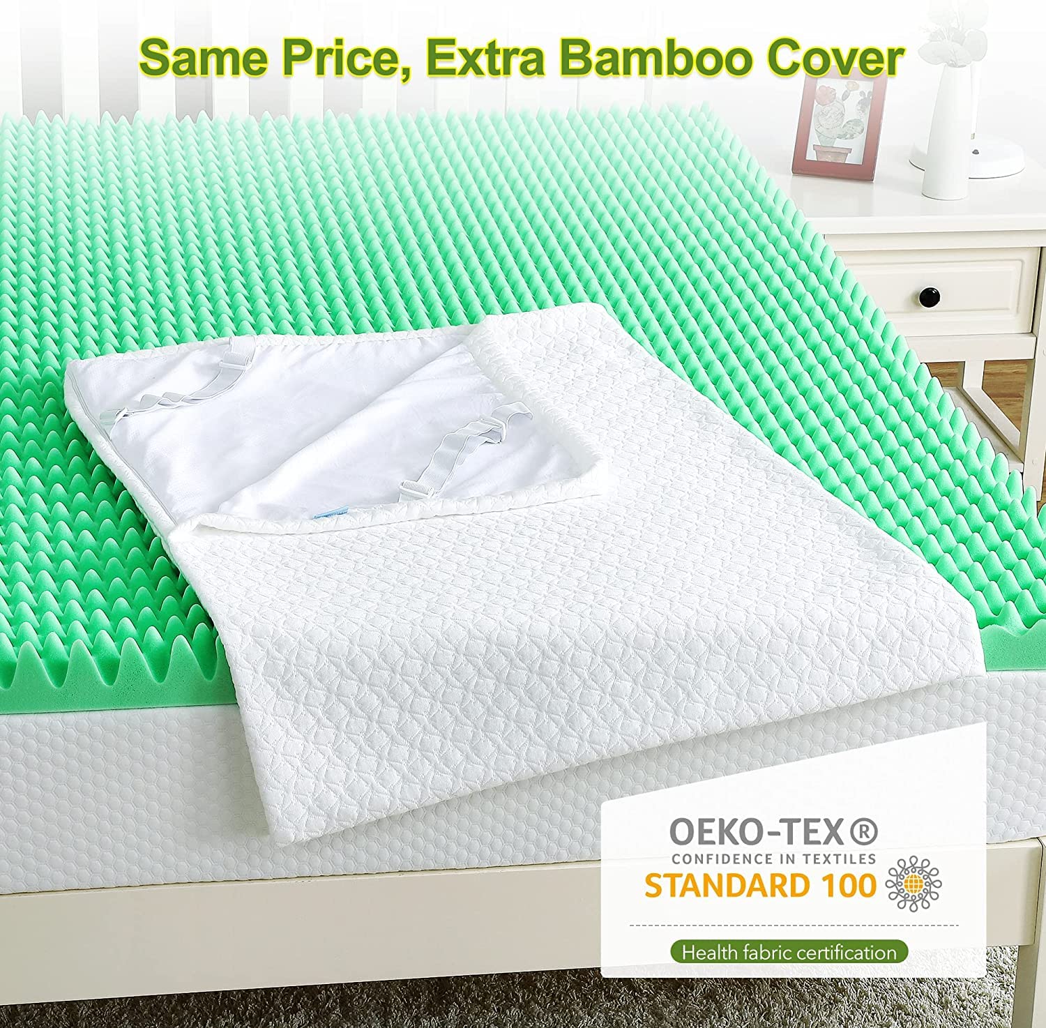 3 Inch Queen Memory Foam Mattress Topper with Zippered Bamboo Cover - Removable & Washable, Green Tea Scented, Adjustable Straps for Ultimate Comfort - Perfect for Back Pain Relief, Guest Beds & Home Use