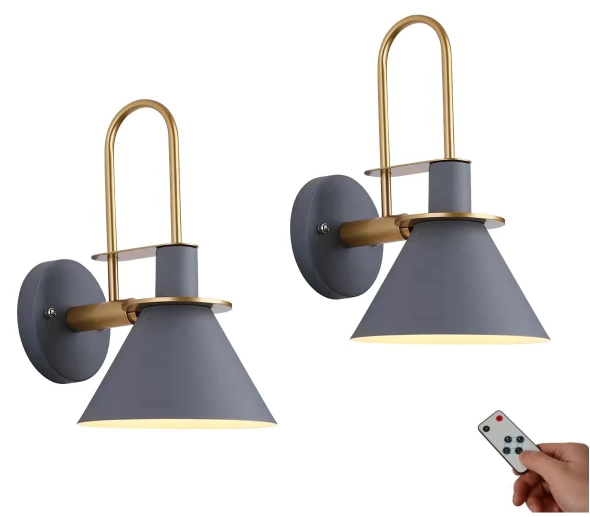 LSR Grey Wall Sconces Set of 2 - Battery Operated Wall Lights with Remote & Timer, Wireless Bedside Lamp - Industrial Nordic Vintage Wall Light Fixture for Farmhouse, Bedroom, Bathroom & Loft Decor | Perfect for Ambient Lighting & Nighttime Reading