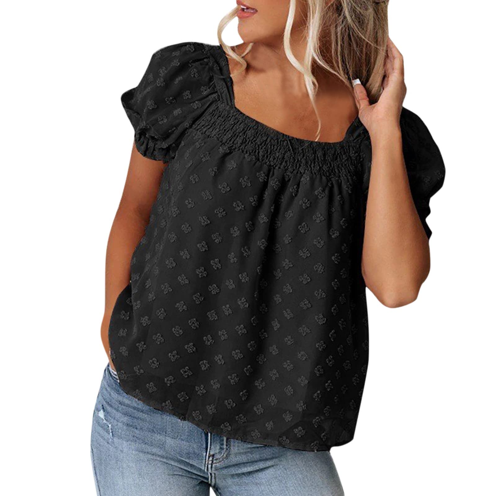 Women's Polka Dot Tunic Tops - Short Sleeve Square Neck Blouses for Casual Wear, Office & Summer Outfits
