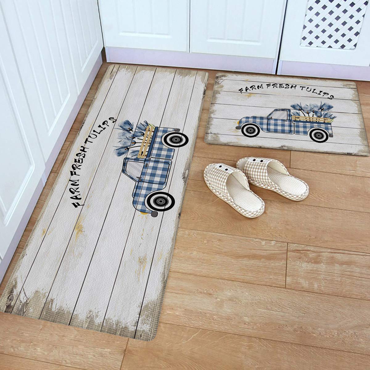 ARTSHOWING Non-Slip Kitchen Mat Set of 2 - Absorbent Cushioned Floor Mats with Floral Design (Blue Lattice Truck & Tulips) for Standing Comfort - Perfect for Kitchen, Living Room, Bedroom & Entryway - PVC Rug Runner for Home Decor & Safety